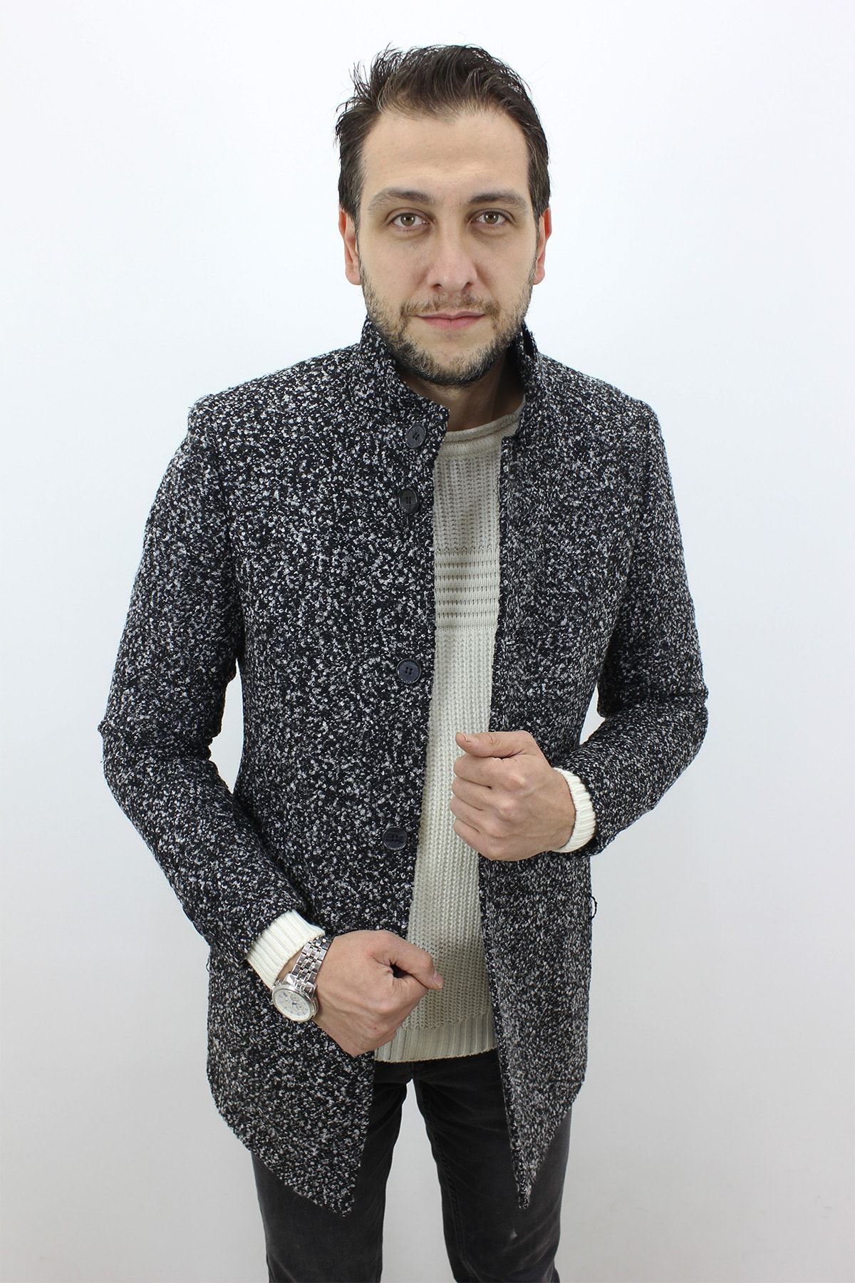 Pelikan Tekstil Fistan Store Erkek Siyah Balık Sırtı Modelli Italyan Kesim Düğme Kapamalı Kışlık Kaşmir Kaban