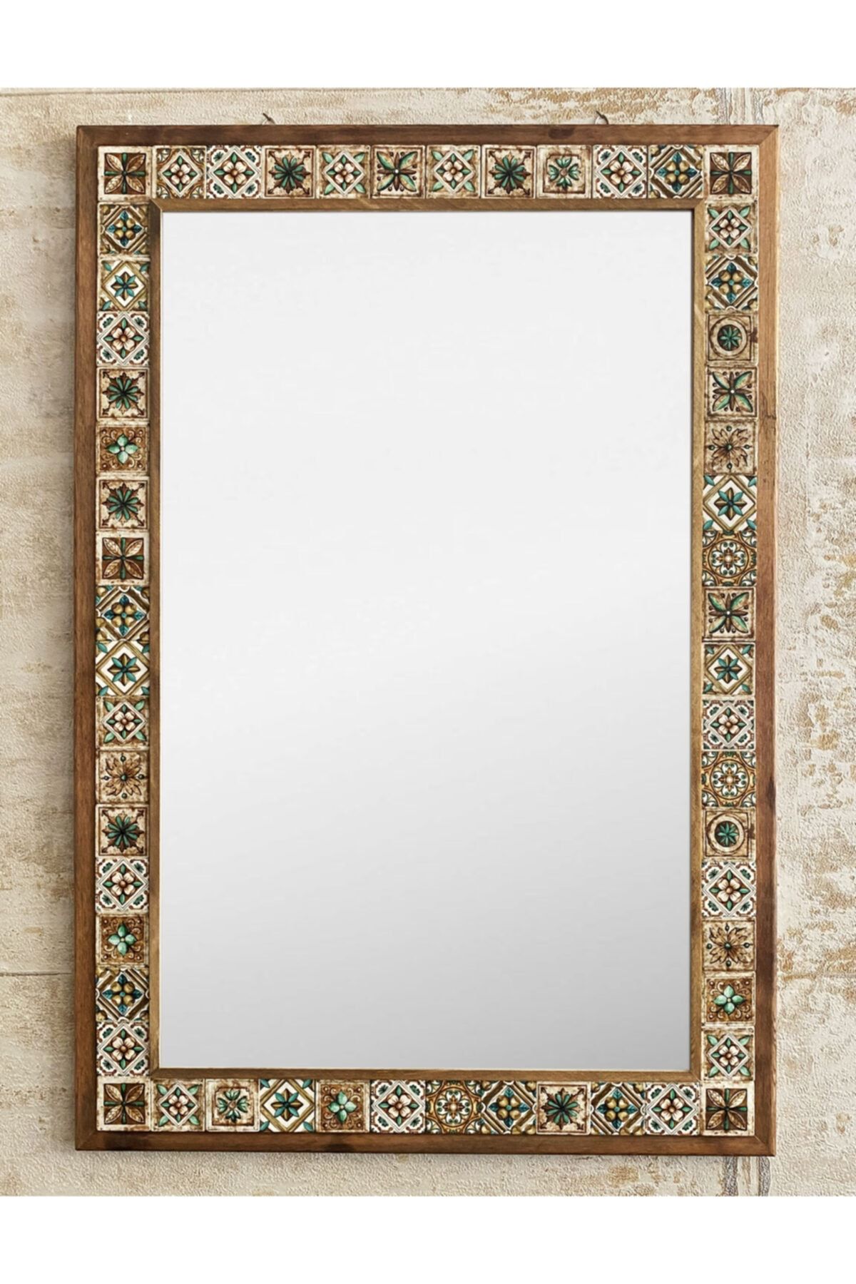 Oscar Stone Decor Ahşap Çerçeveli Mozaik Taş (MERMER) Ayna 63x93 Cm Seramik Desenli Kahverengi