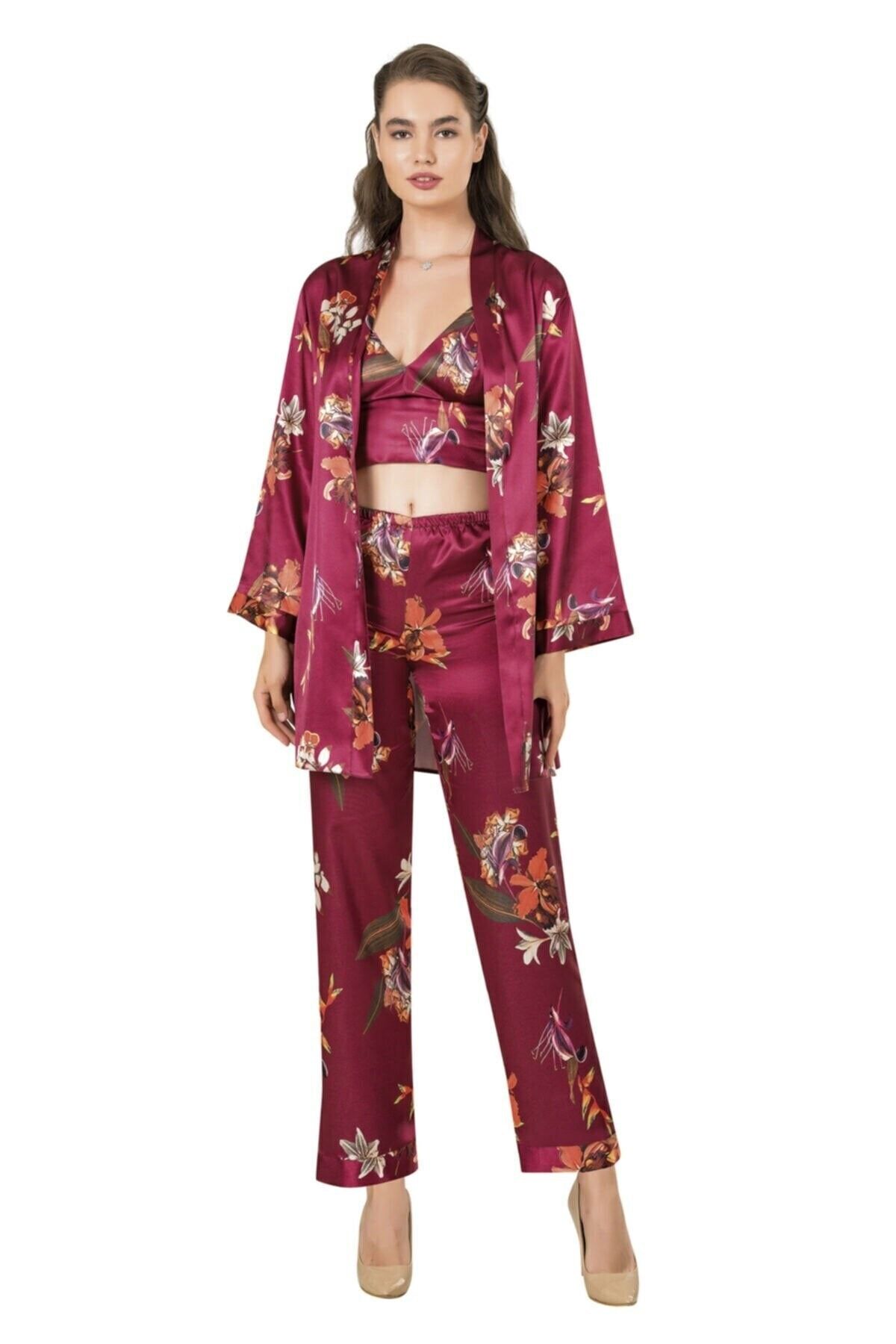 MOONGIRL Üçlü Crop Empirme Baskılı Pijama Takım