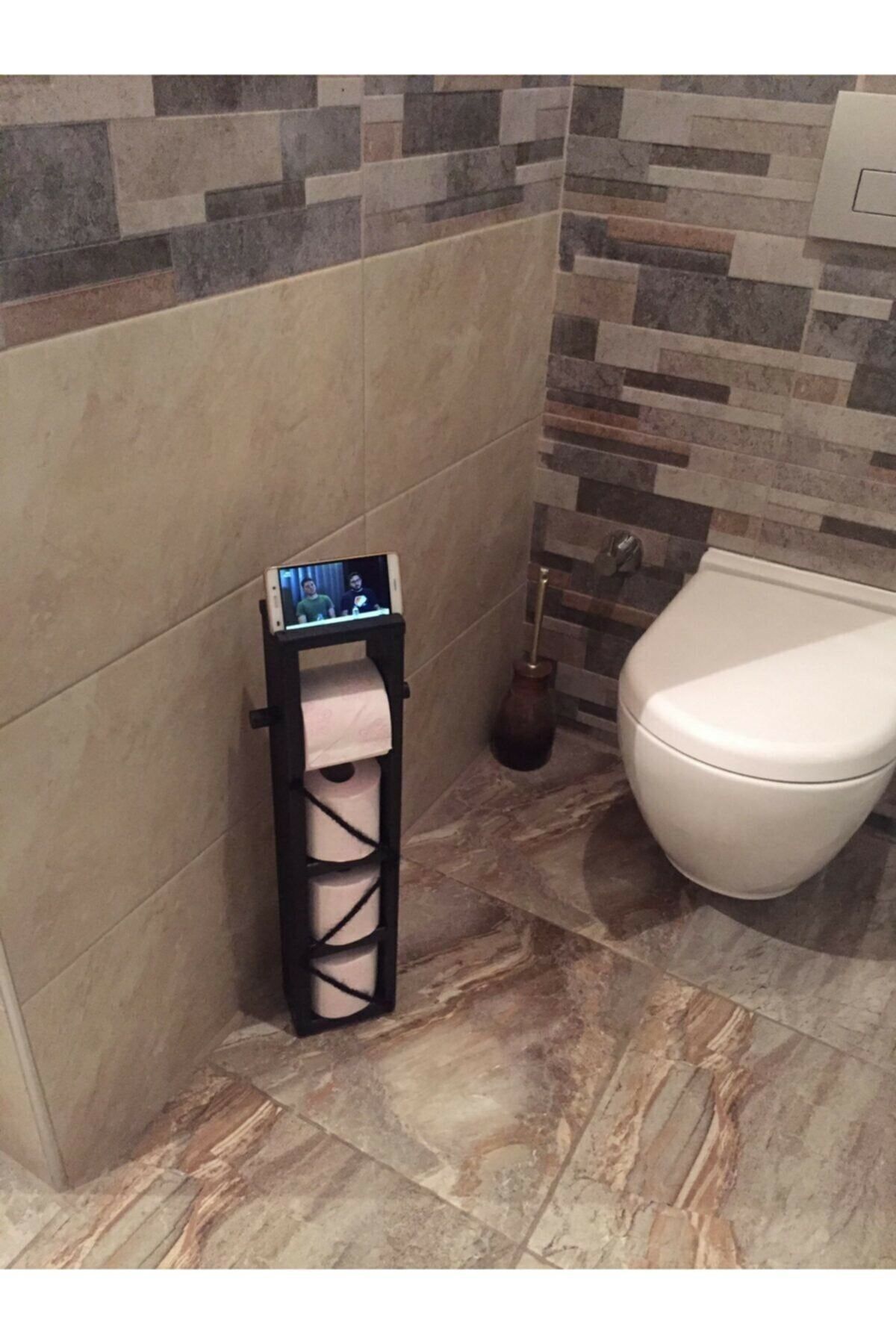 Ankaflex Ahşap Wc Kağıtlık Tuvalet Siyah Tuvalet Kağıtlığı Telefon Tutucu Standı