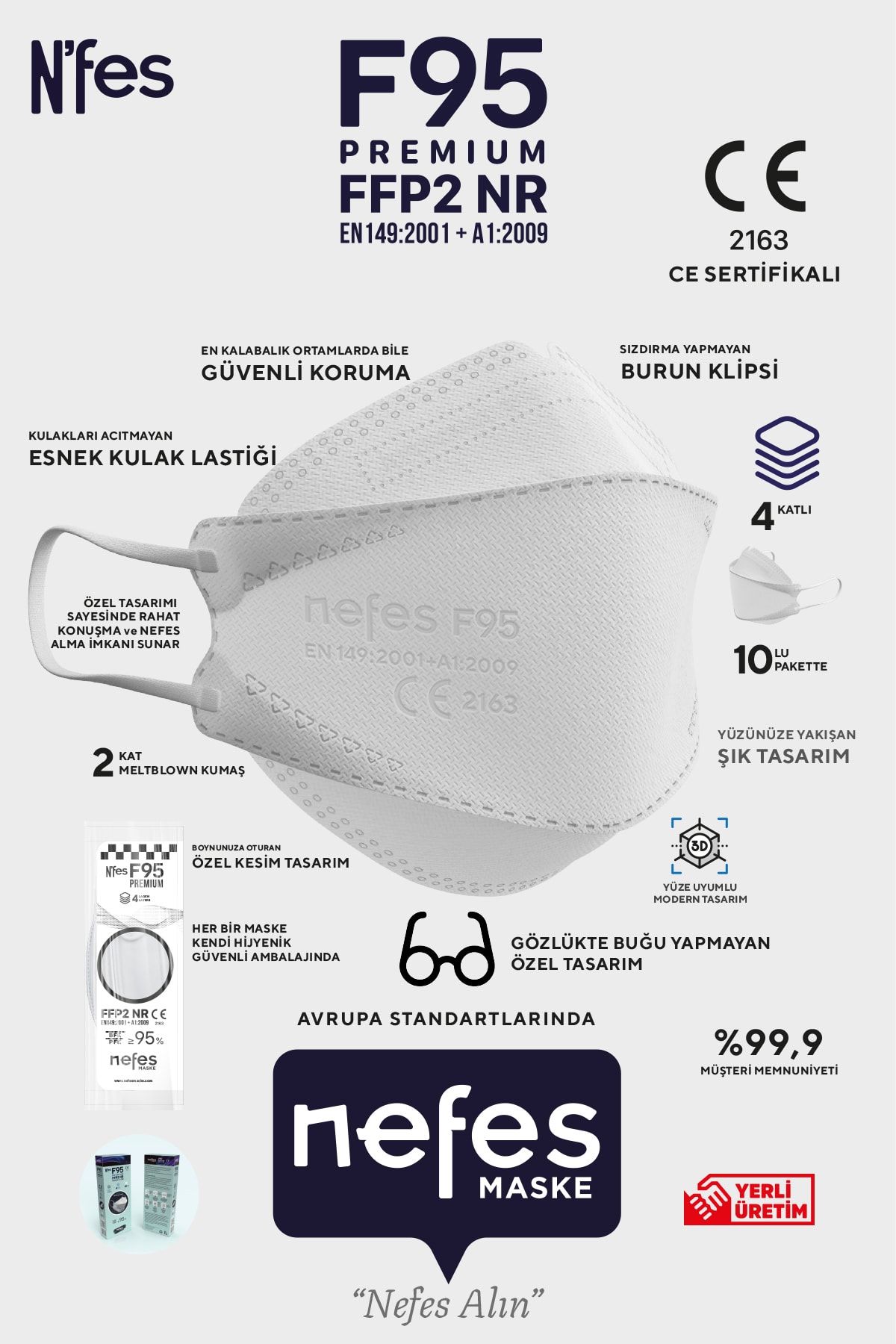 nefes maske Nefes F95(F99) Fffp2 Premium Maske 10 Adet