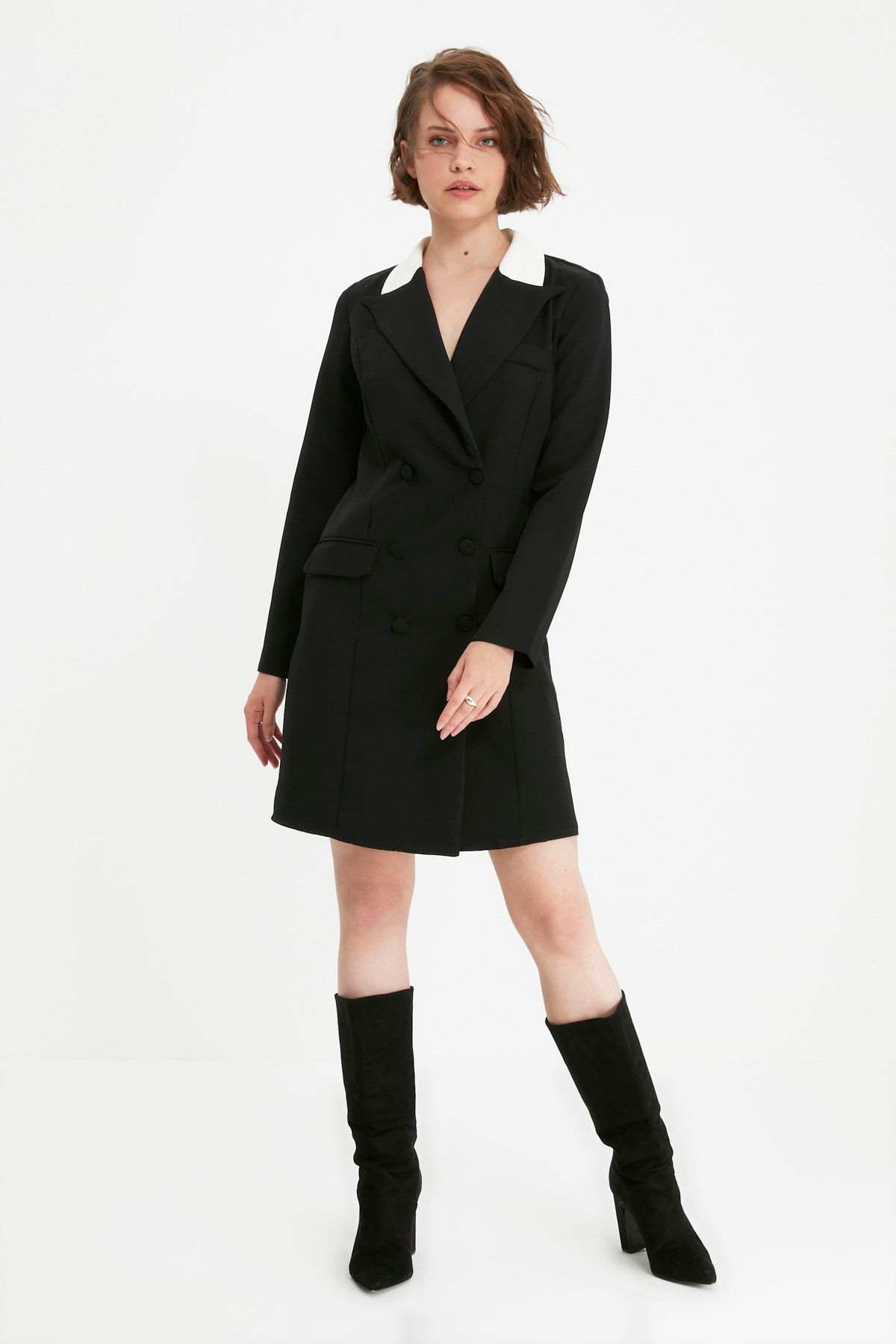 TRENDYOLMİLLA Siyah Mini Dokuma Ceket Elbise TWOAW20EL0334