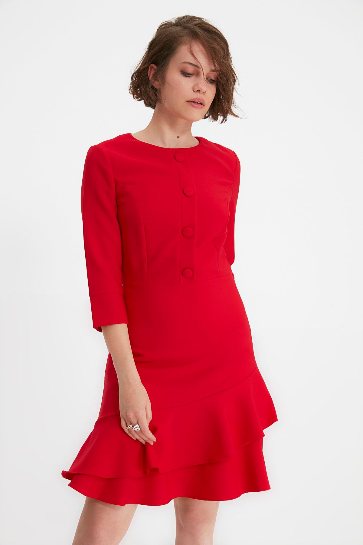 TRENDYOLMİLLA Kırmızı A Kesim Eteği Volanlı Mini Dokuma Elbise TWOAW21EL0724