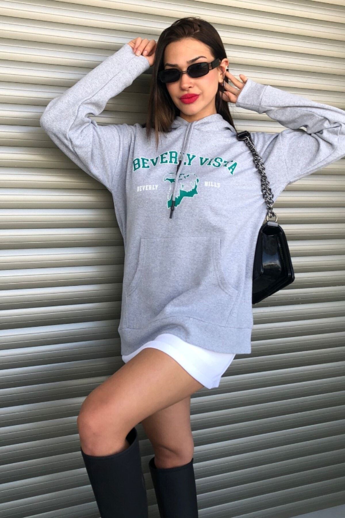 MODAGEN Kadın Gri Beverly Baskılı Oversize Sweatshirt