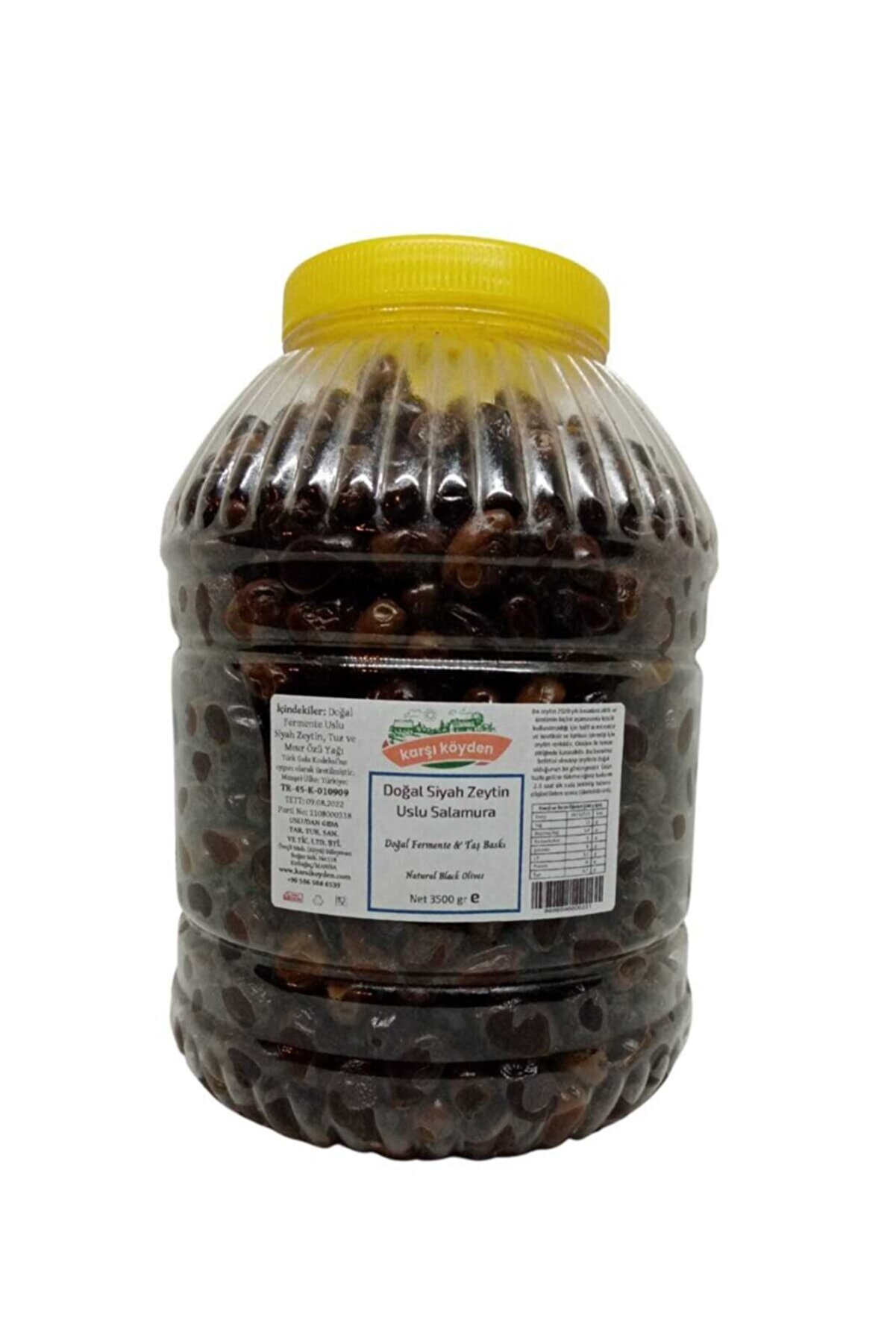 Karşı Köyden Taş Baskı Doğal Fermente Uslu Salamura Siyah Zeytin (3500GR - PET KAVANOZ)