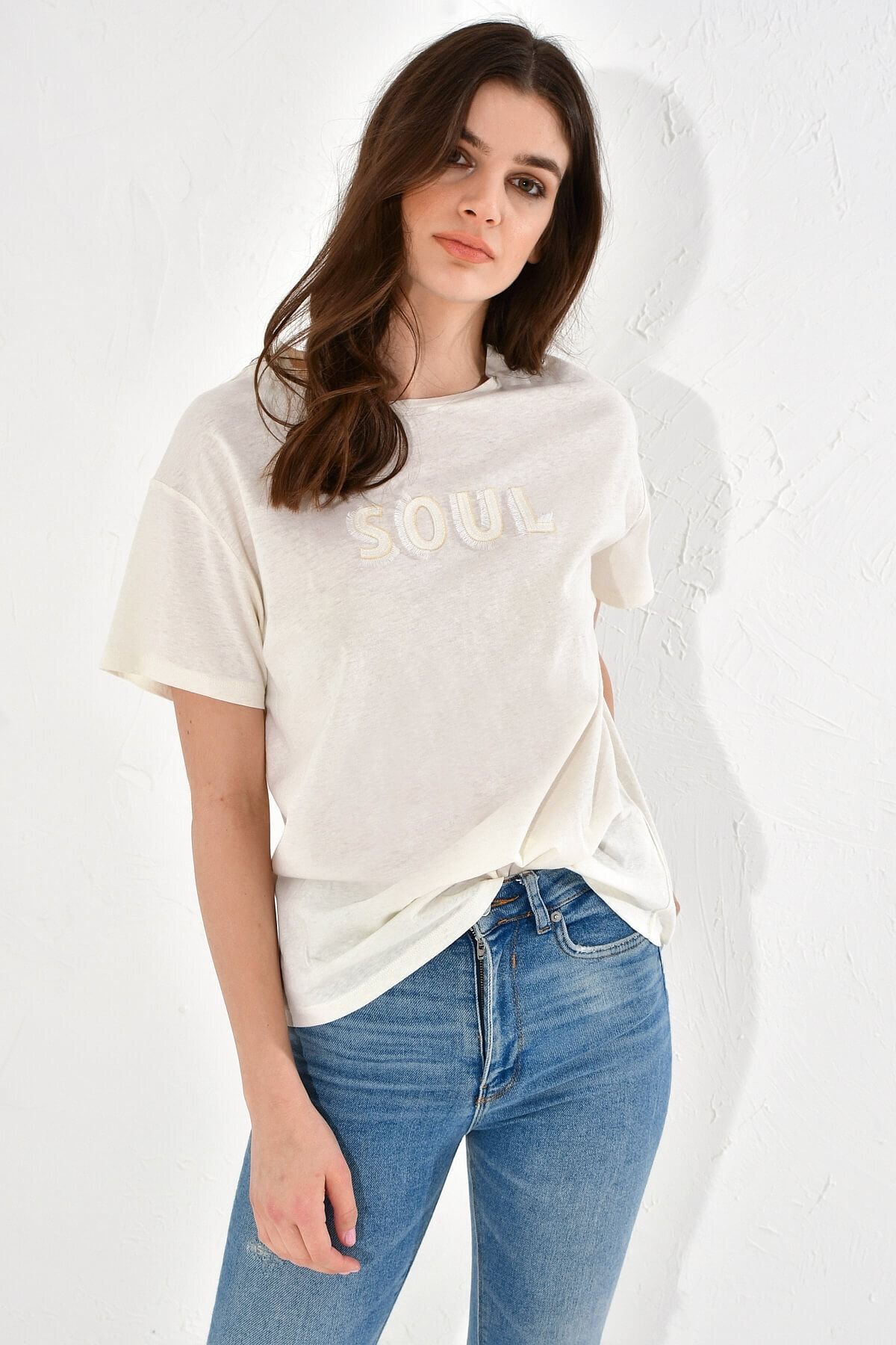 Hanna's Kadın Ekru Soul Nakışlı Basic T-shirt