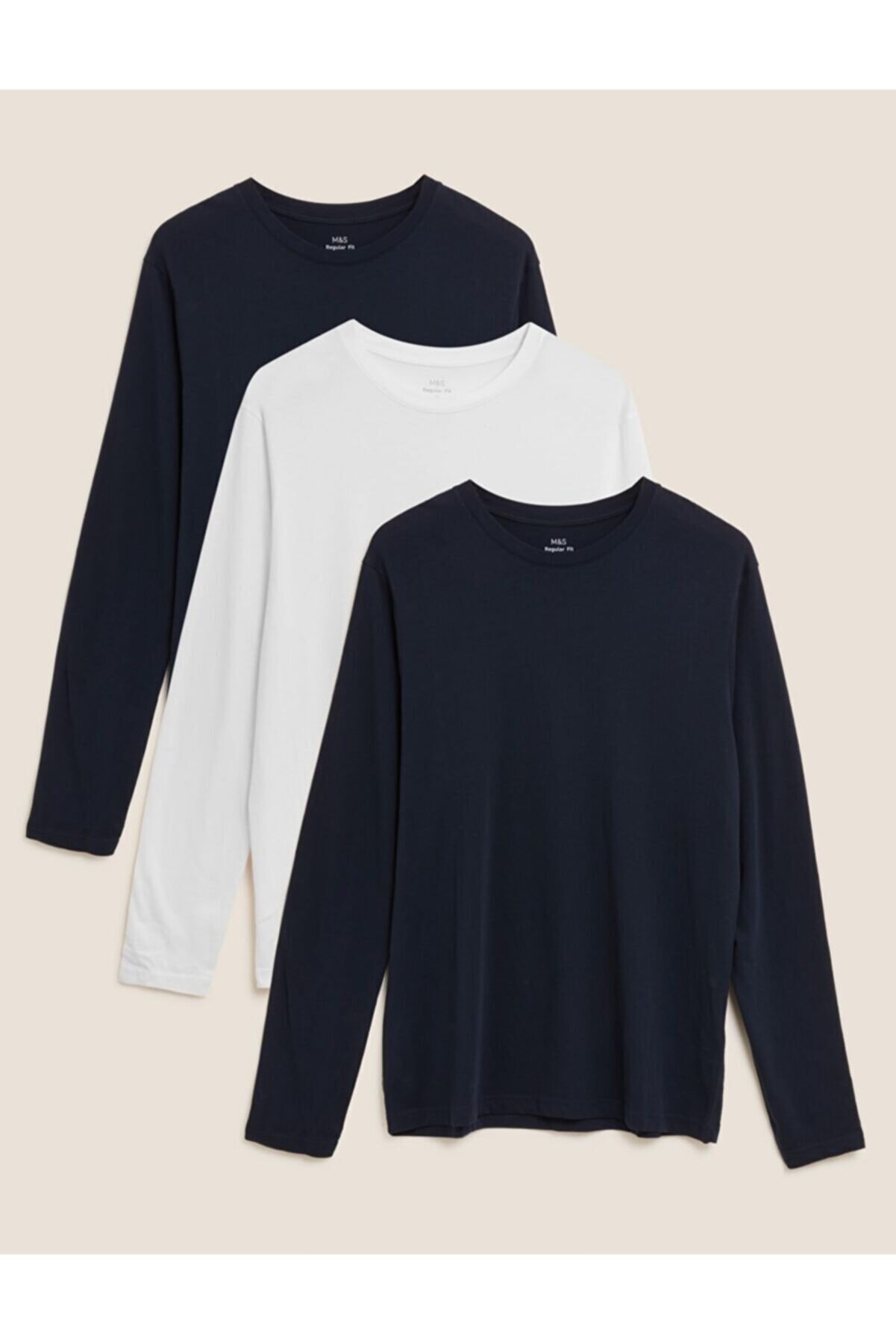 Marks & Spencer Saf Pamuklu Uzun Kollu 3'lü T-shirt Seti