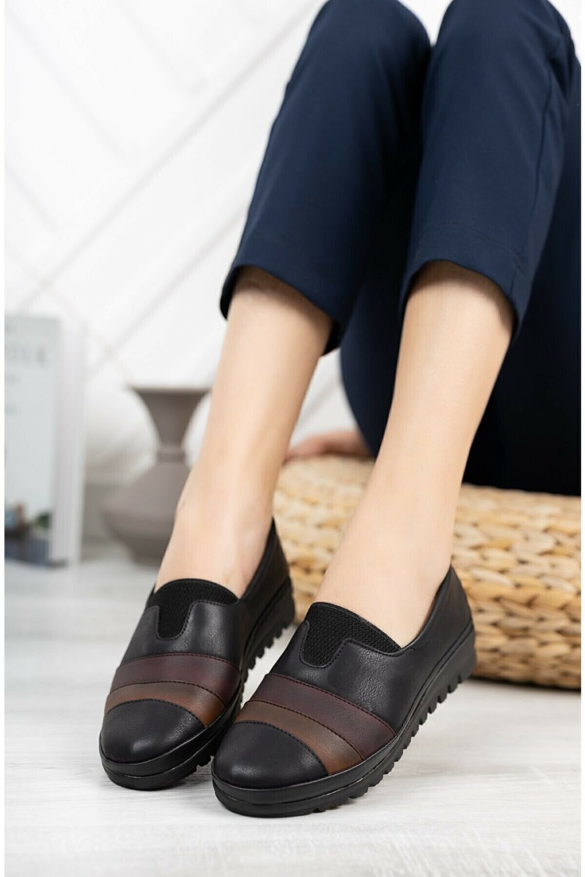 Tresso shoes Suya Dayanıklı Ortopedik Siyah-bordo Günlük Bayan Ayakkabı