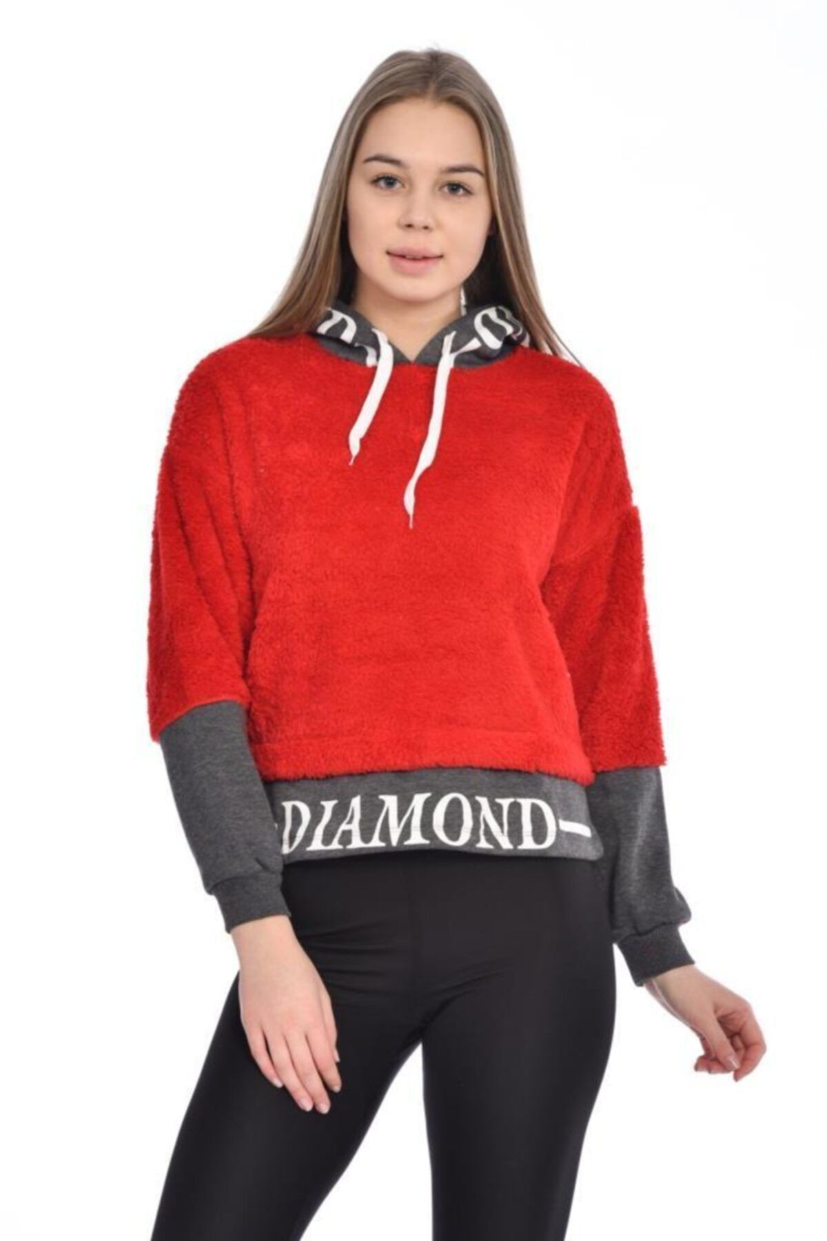 Modkofoni Kapüşonlu Baskılı Uzun Kollu Kırmızı Pelüş Kadın Sweatshirt