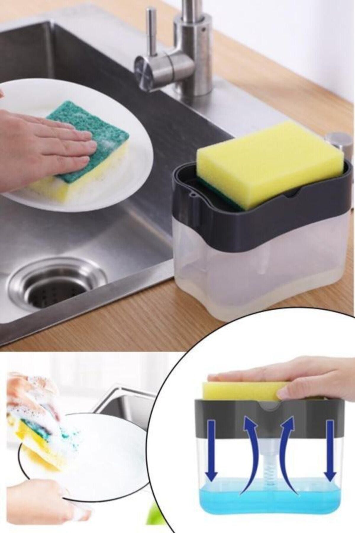 Kitchen Beauty Pompalı Sünger Hazneli Sıvı Sabunluk Lüx Üsten Basmalı Bulaşık Deterjanlığı