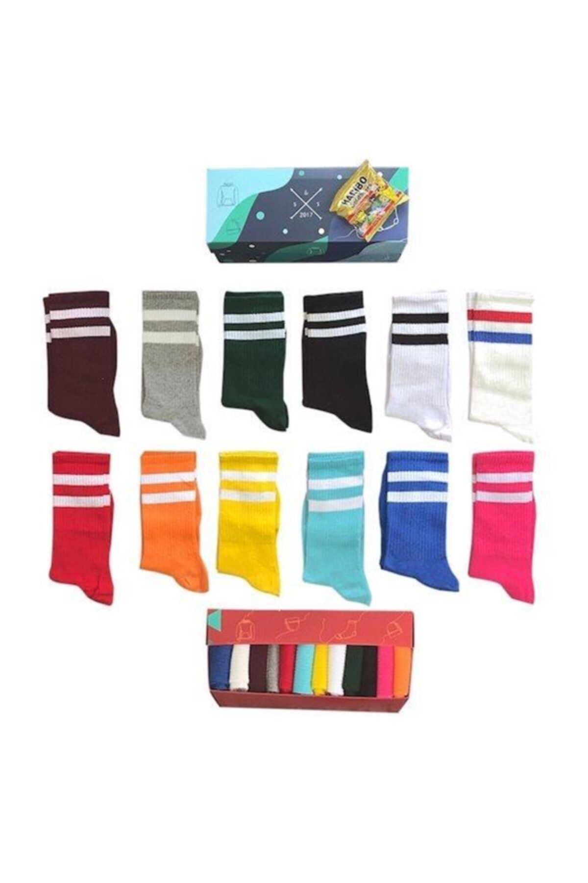 Socks Stations 12'li Çift Çizgi Renkli Desenli Çorap Kutusu