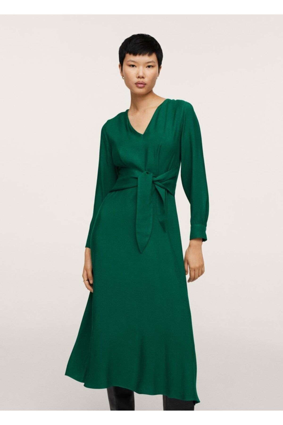 MANGO Kadın Yeşil Dökümlü Fiyonklu Elbise