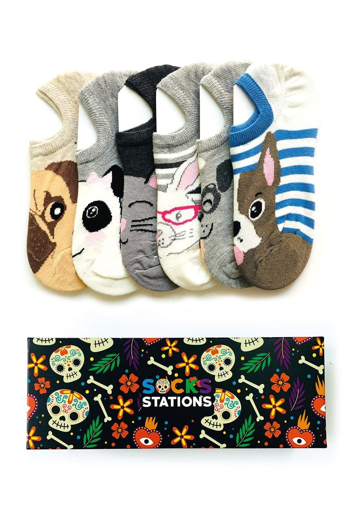 Socks Stations Unisex Hayvan Desenli Bilek Patik Çorap Kutusu 6'lı
