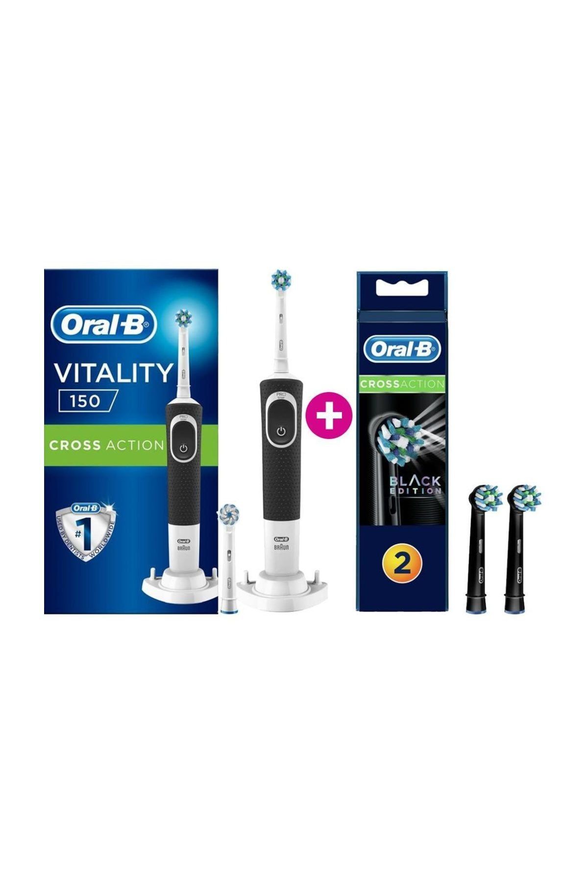 Oral-B Vitality D150 Şarj Edilebilir Diş Fırçası Cross Action + Siyah 2'li  Yedek Başlık