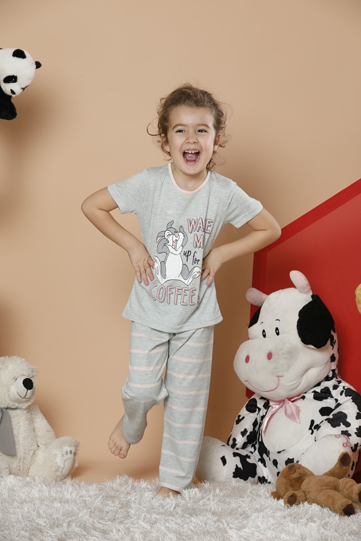 Siyah İnci Kız Çocuk Desenli Kısa Kollu Pamuklu Likralı Pijama Takım