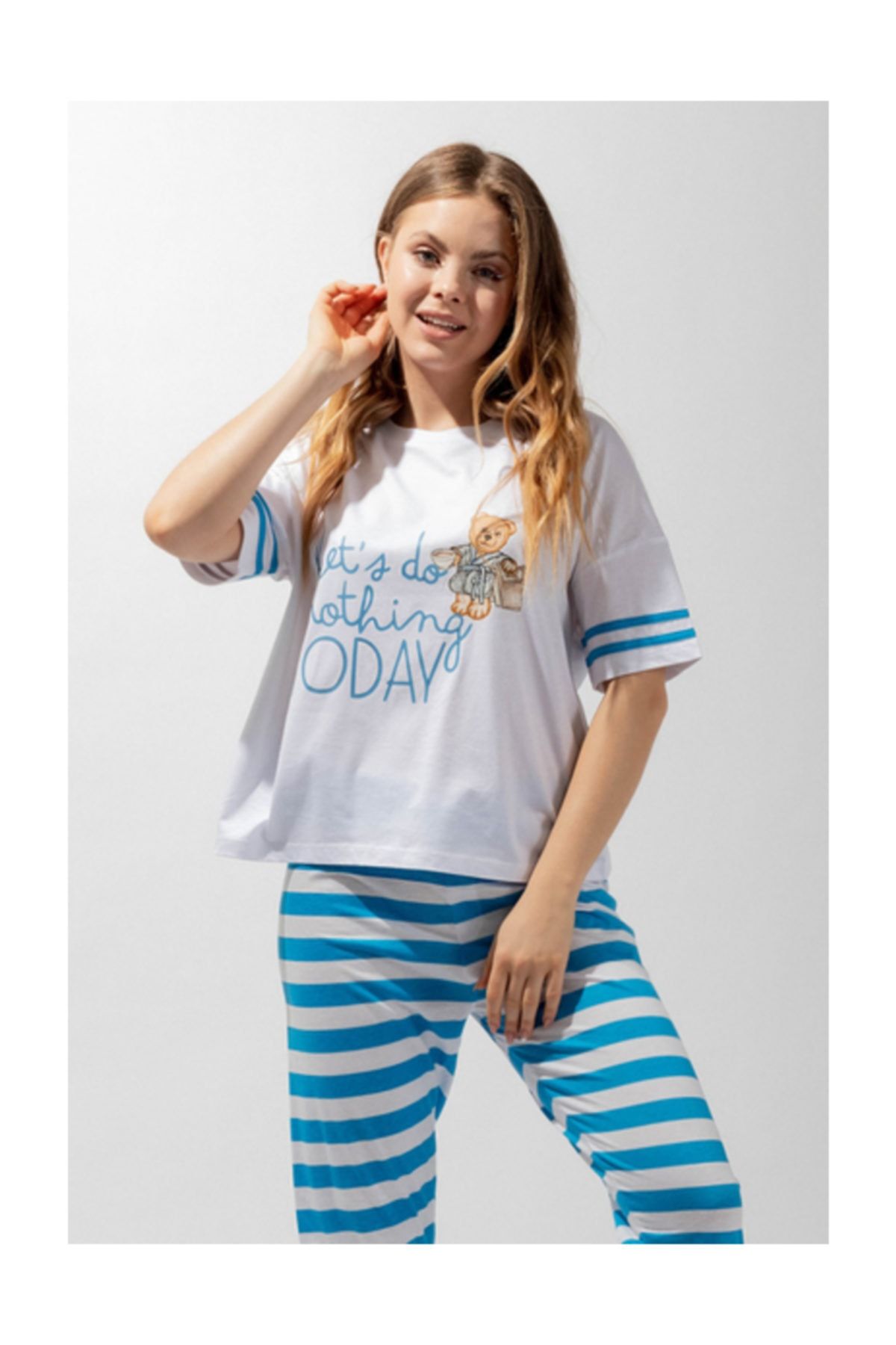 Katia & Bony Blue College Sweet Bear Kadın Pijama Takım - Mavi/beyaz