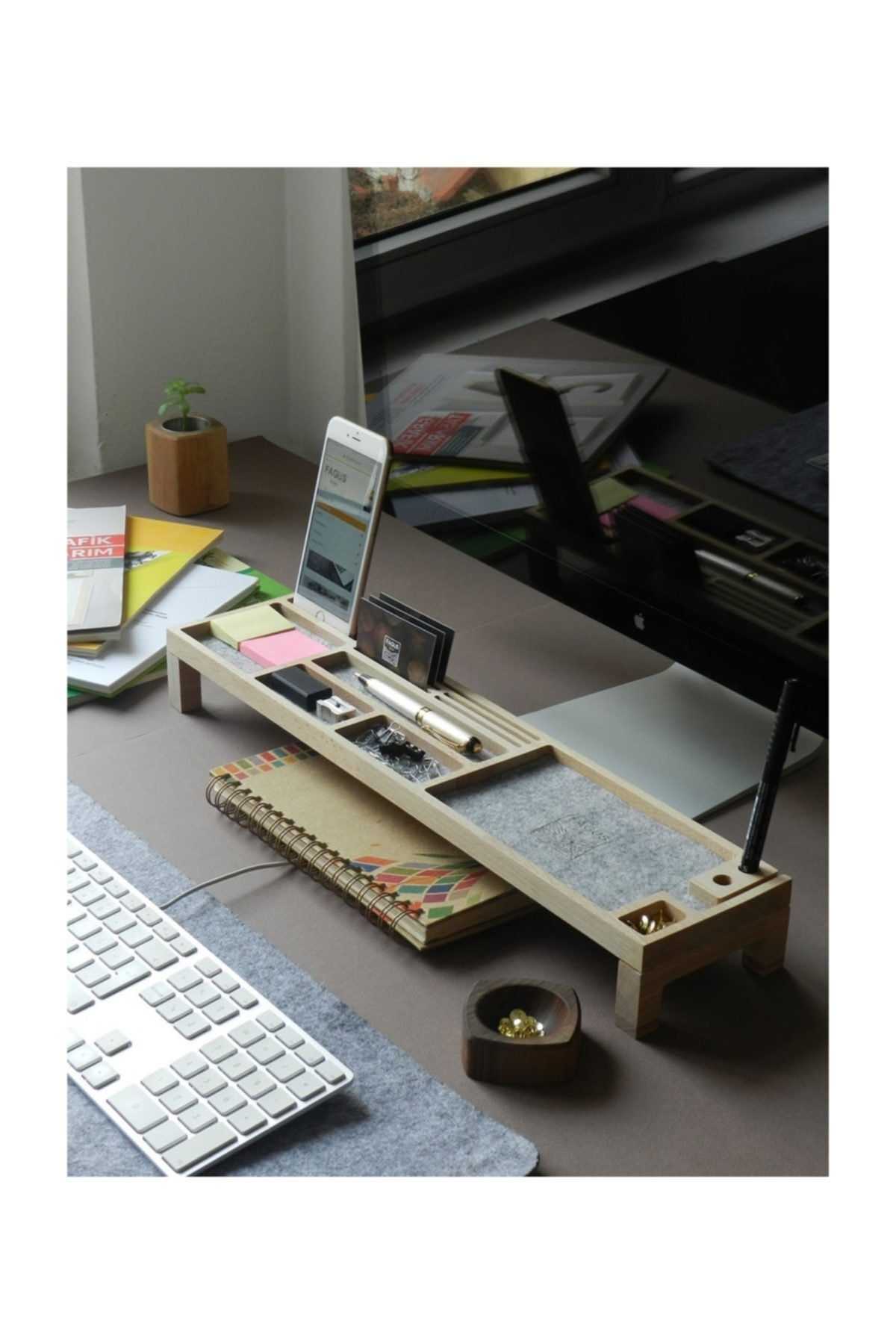 Fagus Wood Ofis Hediyesi Masa Üstü Düzenleyici Kalemlik Organizer Ahşap Telefon Standı Tutucu