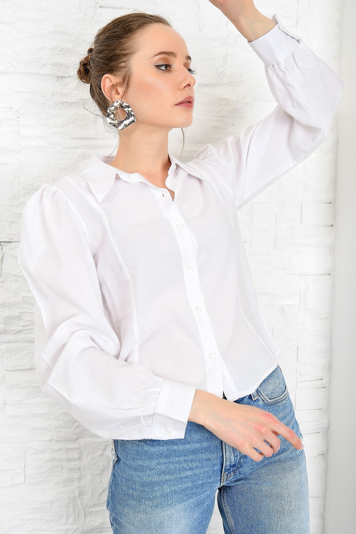 Trend Alaçatı Stili Kadın Beyaz Dokuma Gömlek DNZ-3160