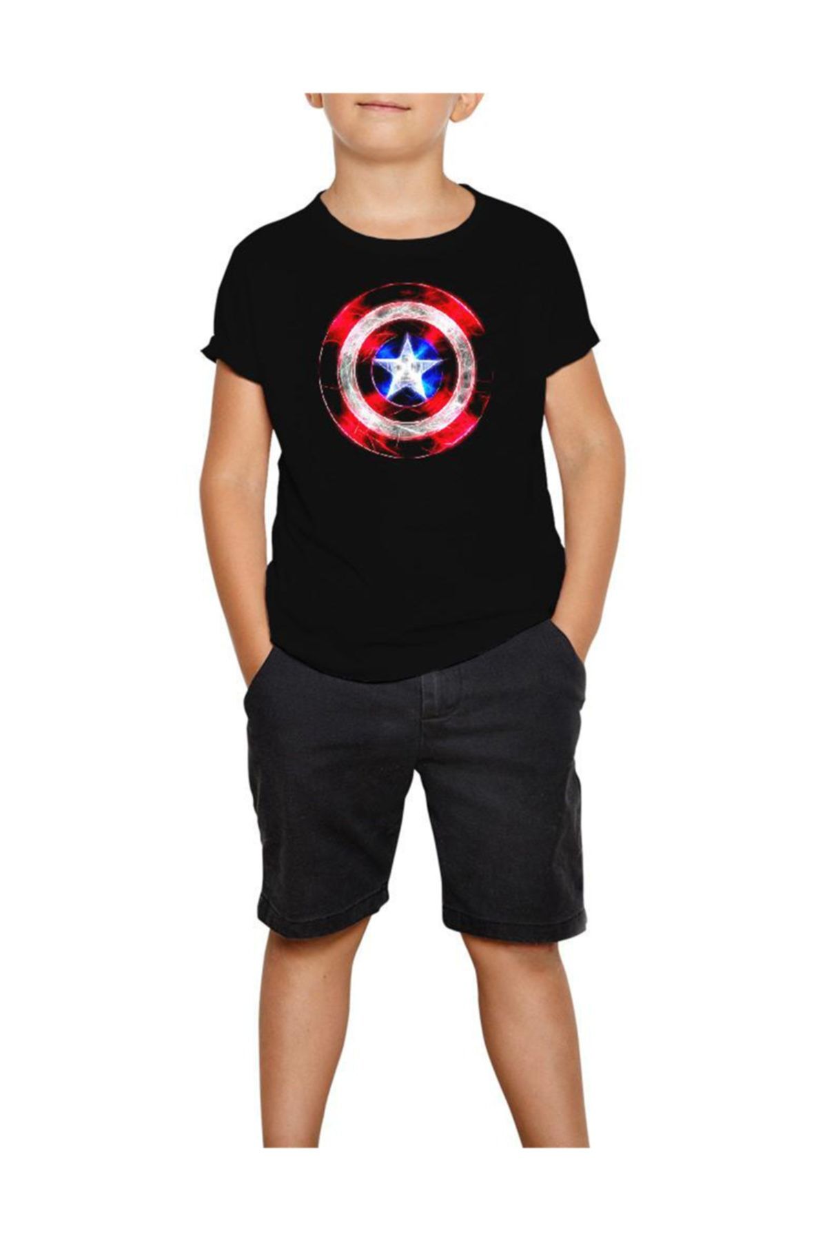 Z zepplin Erkek Çocuk Siyah  Captain America Sheild Neon  T-Shirt
