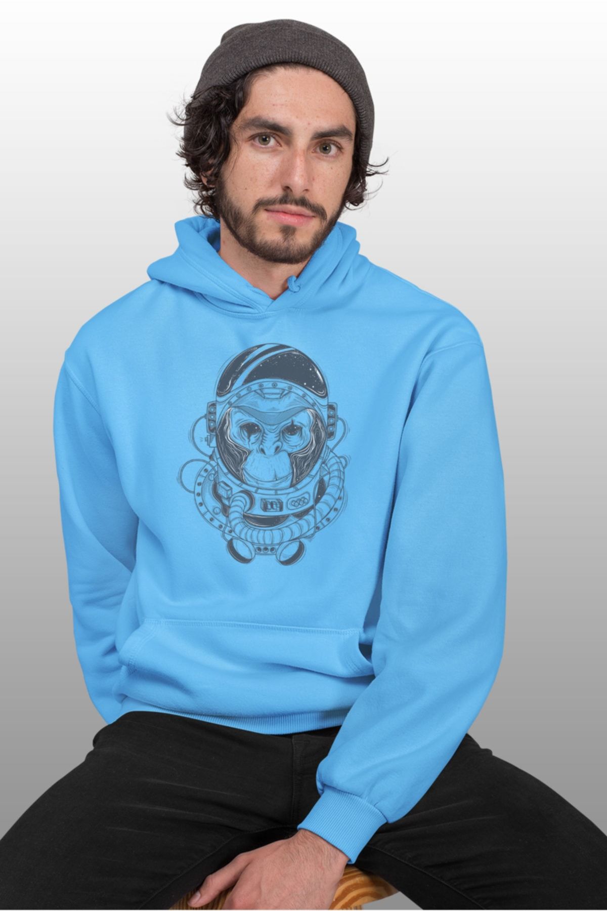 Angemiel Wear Astronot Maymun Mavi Erkek Kapüşonlu Sweatshirt Çanta Kombin