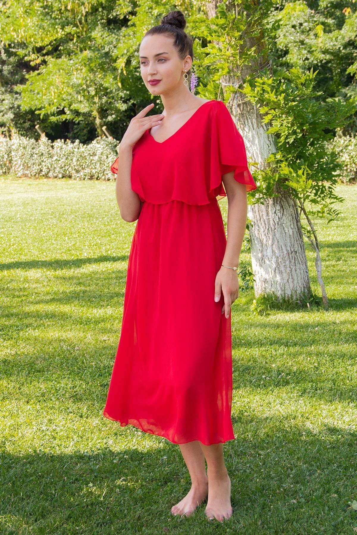 Hadise Sıfır Kol Kırmızı Beli Lastikli Şifon Elbise 1347