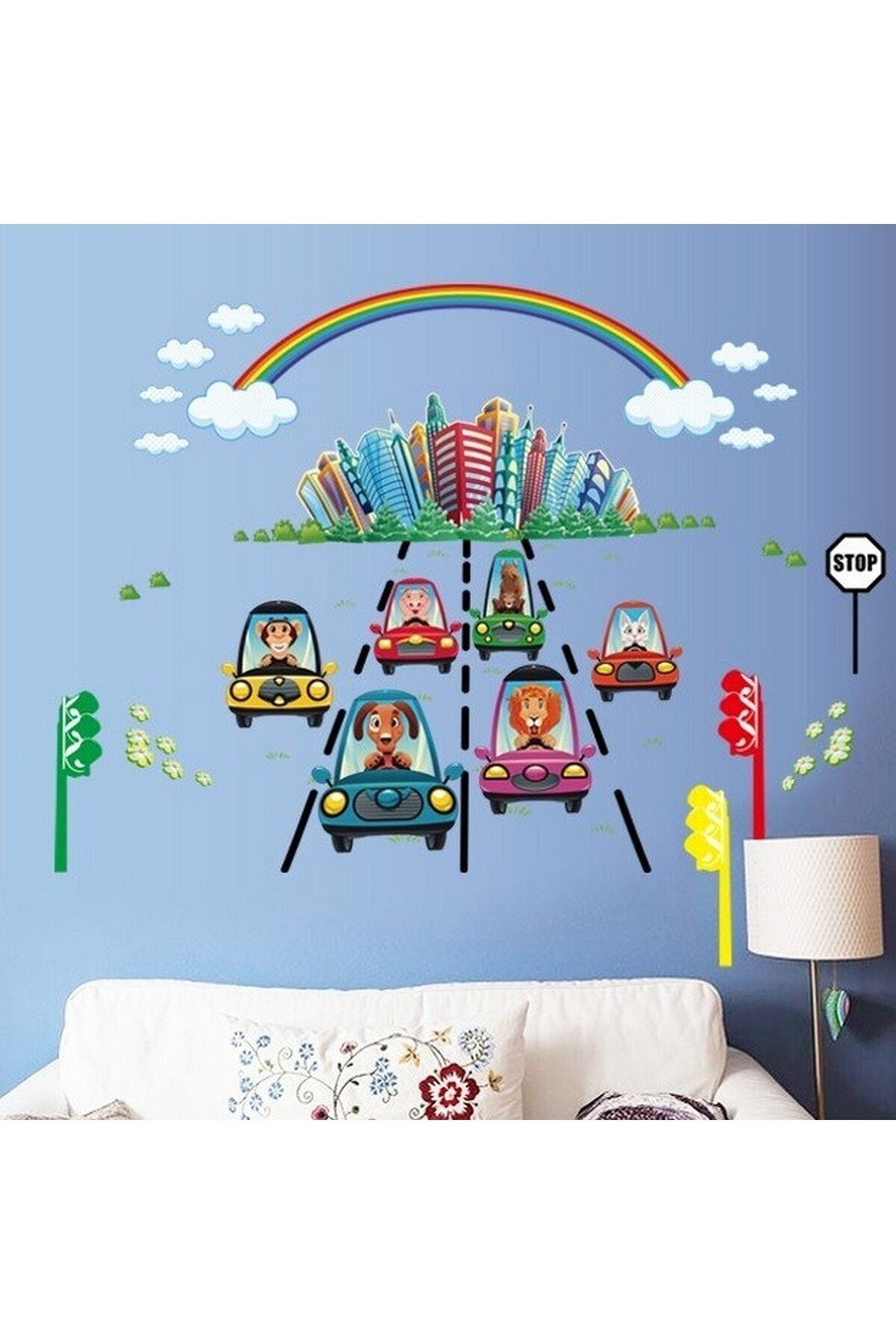 CRYSTAL KIDS Taşıtlar Ve Gökkuşağı Erkek Çocuk Odası Dekorasyonu Duvar Dekoru Sticker
