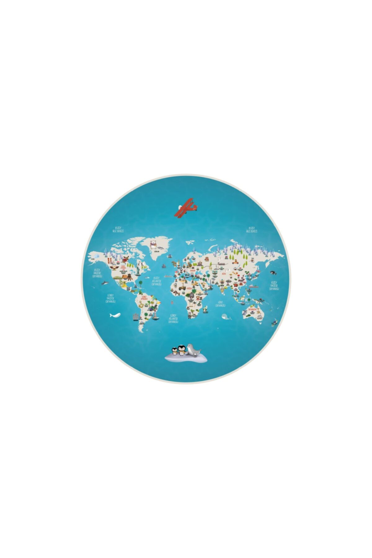 Dreamy Kids Dünya Haritası - Görsel Şölen - Mavi (çocuk Odası Duvar Kağıdı -yuvarlak Model)