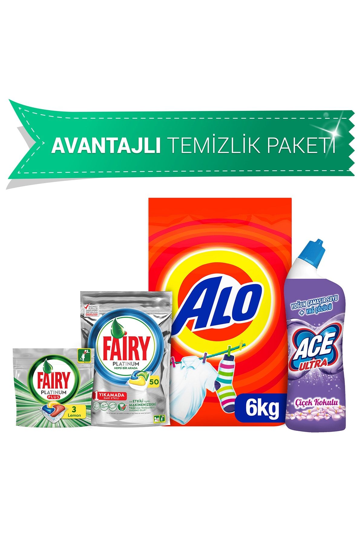 Alo 6 Kg Toz Çamaşır Deterjanı + Fairy 50 Yıkama Bulaşık Det + Ace Jel 810 Gr+ Fairy 3 Yıkama Hediye