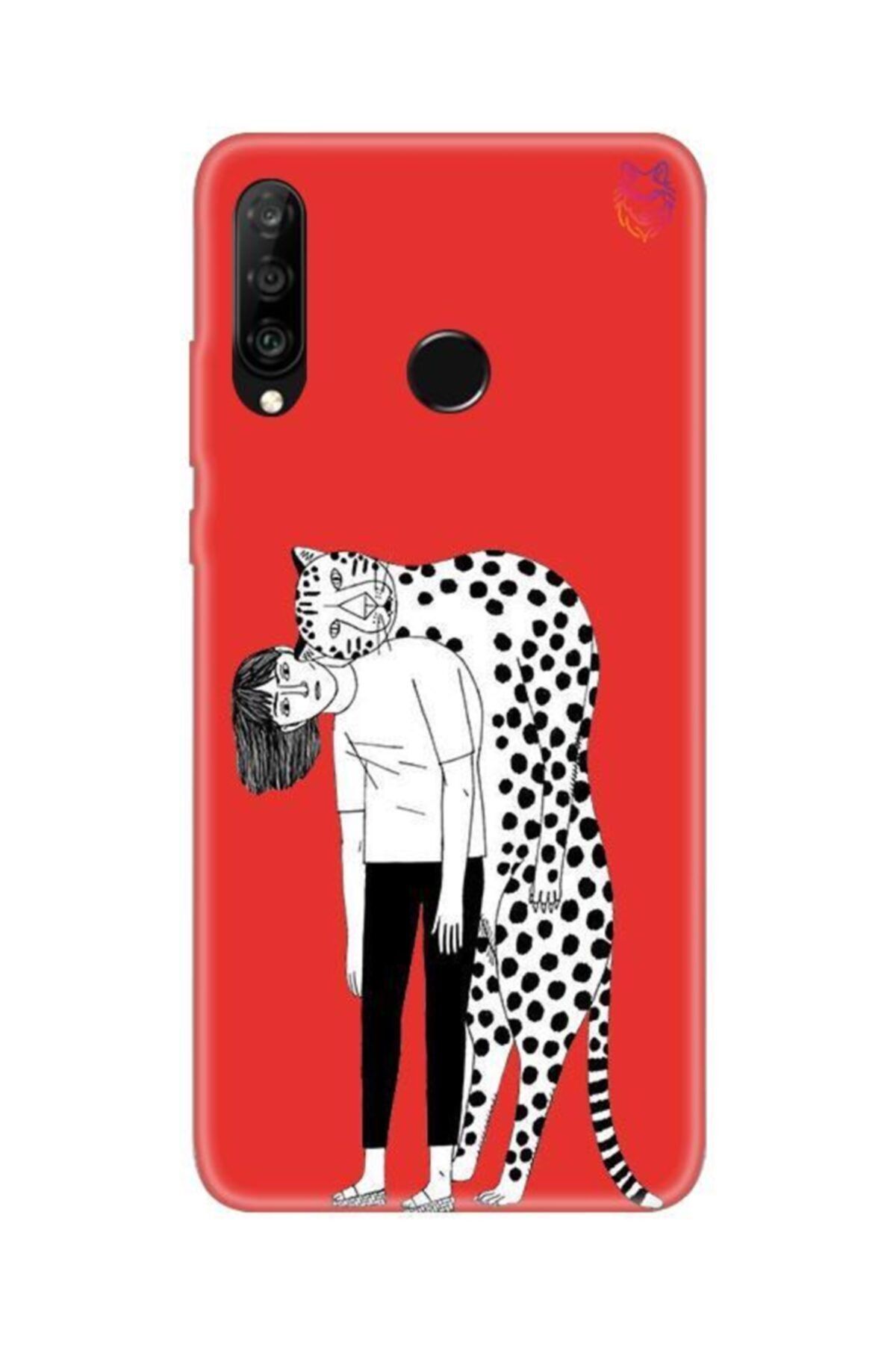 Wolf Dizayn Huawei P30 Lite - Kırmızı Silikon Kılıf - Girl Leopard