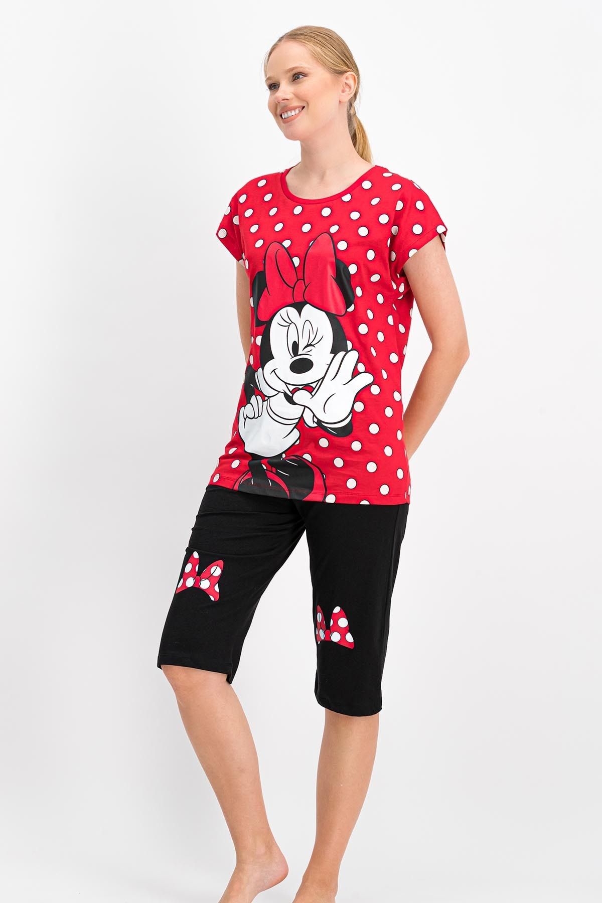 Mickey & Minnie Mouse Kadın Minnie Mouse Lisanslı Kırmızı Kapri Takım
