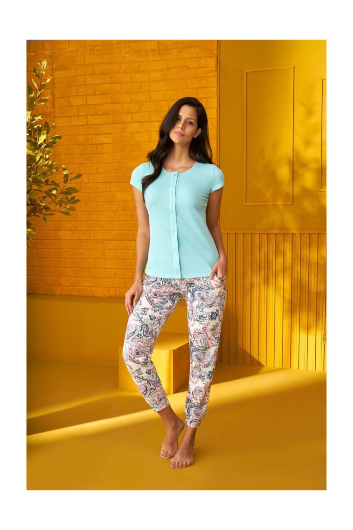 Doreanse Kadın Mavi Coton Desenli T-shirt Pijama Takım  4170