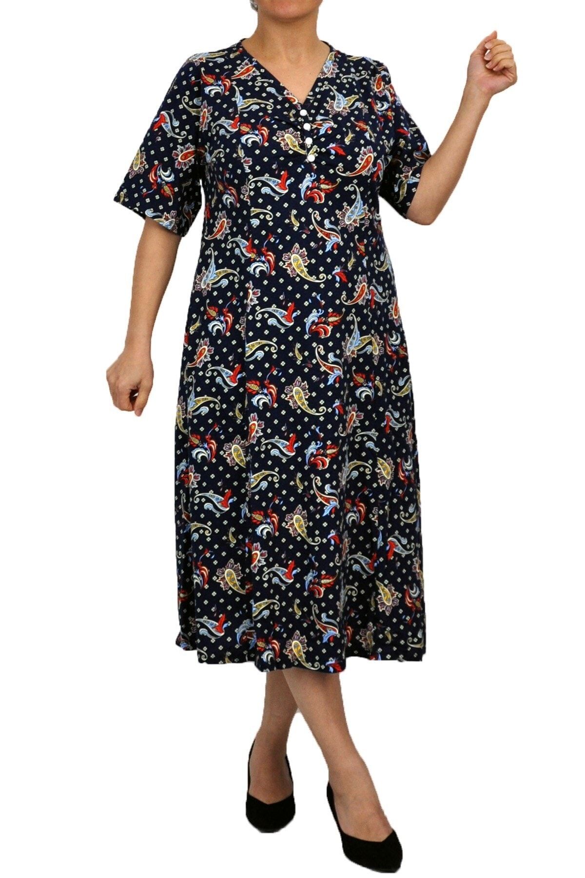 Dükkan Moda Kadın Büyük Beden Elbise Kısa Kollu Renkli Damla Desenli