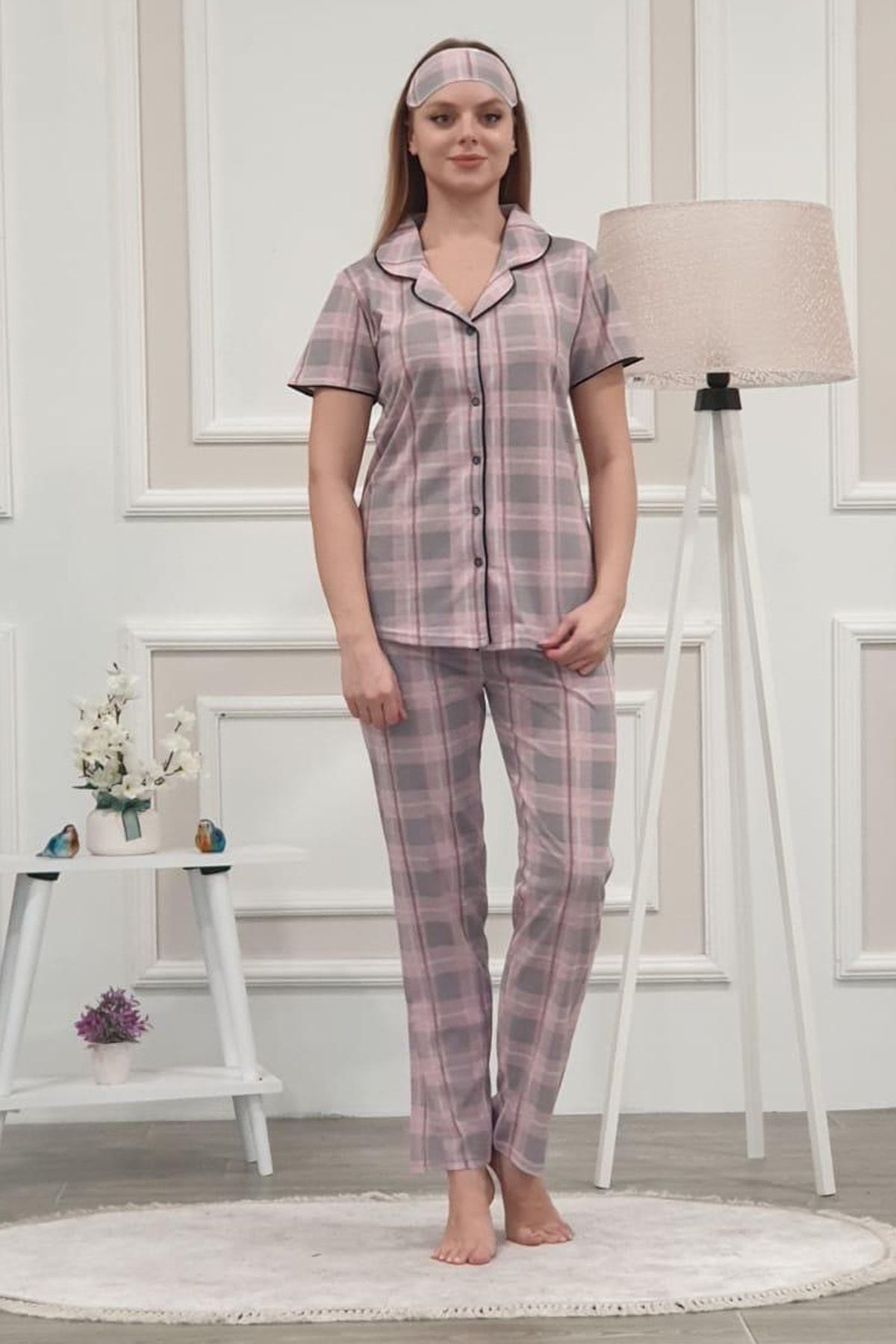 TAMPAP %100 Pamuk Kısa Kollu Kareli Uyku Göz Bantlı Kadın Gecelik Pijama Takımı
