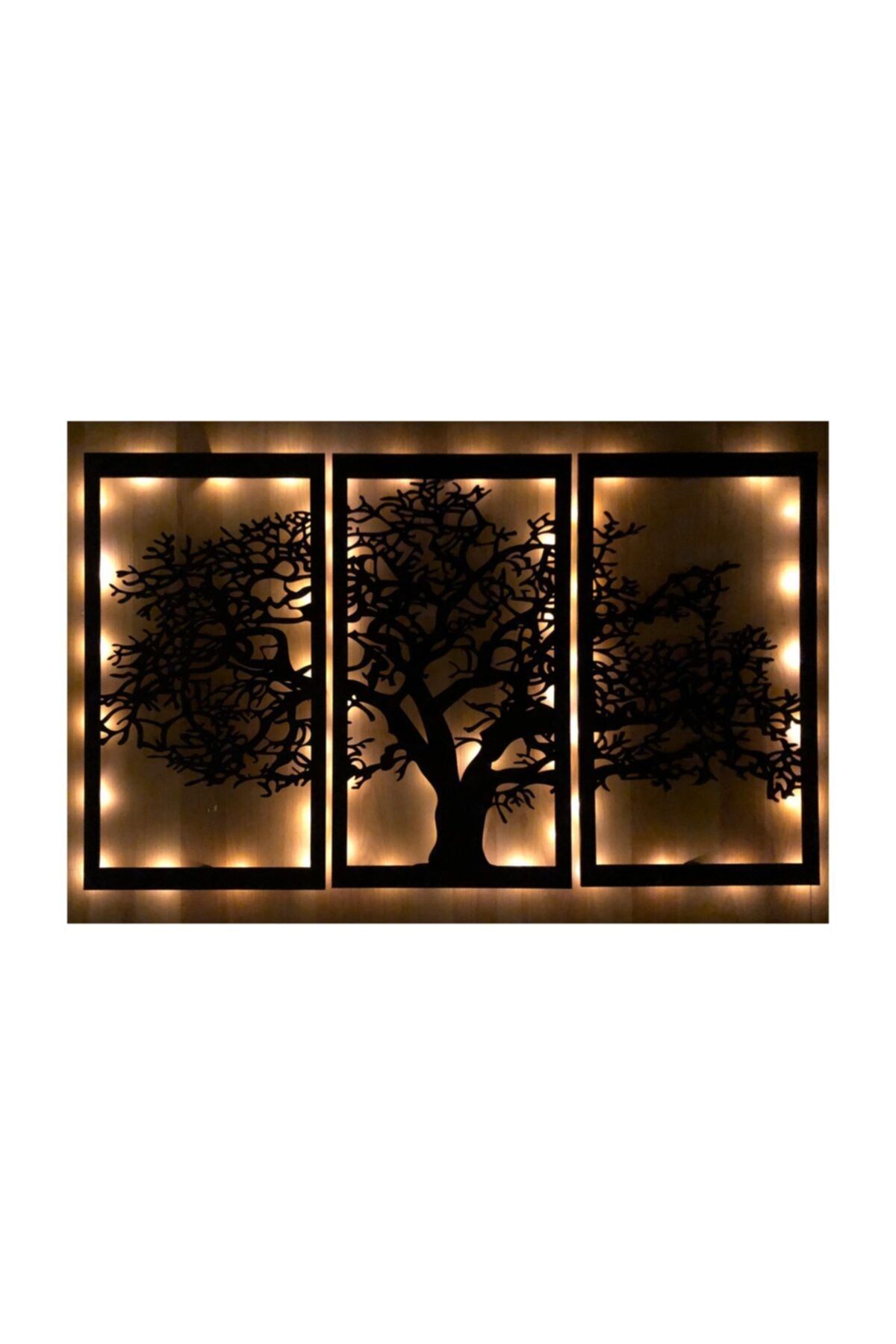 Pika Tasarım Dekoratif 3 Parça Ağaç Led Işıklı Tablo - Ahşap Duvar Dekorasyonu