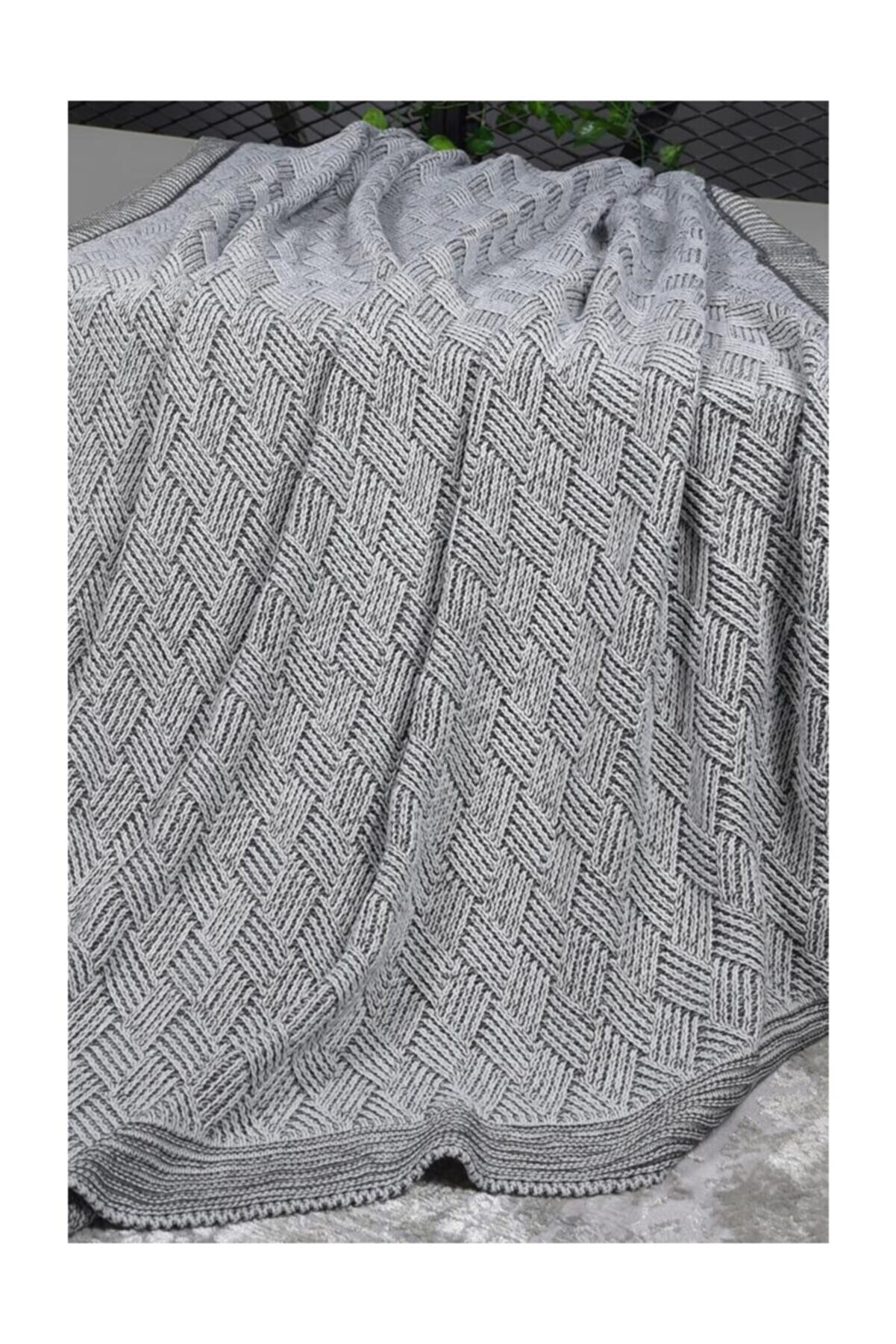 Konfor Halı Gri Ekru Triko Örgü Tek Kişilik Battaniye