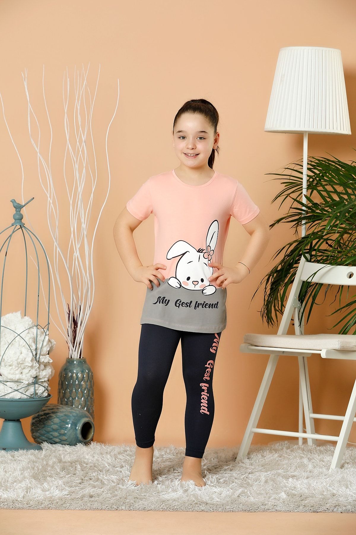 ELİTOL Kız Çocuk Somon Baskılı Pamuklu Likralı Pijama Takım