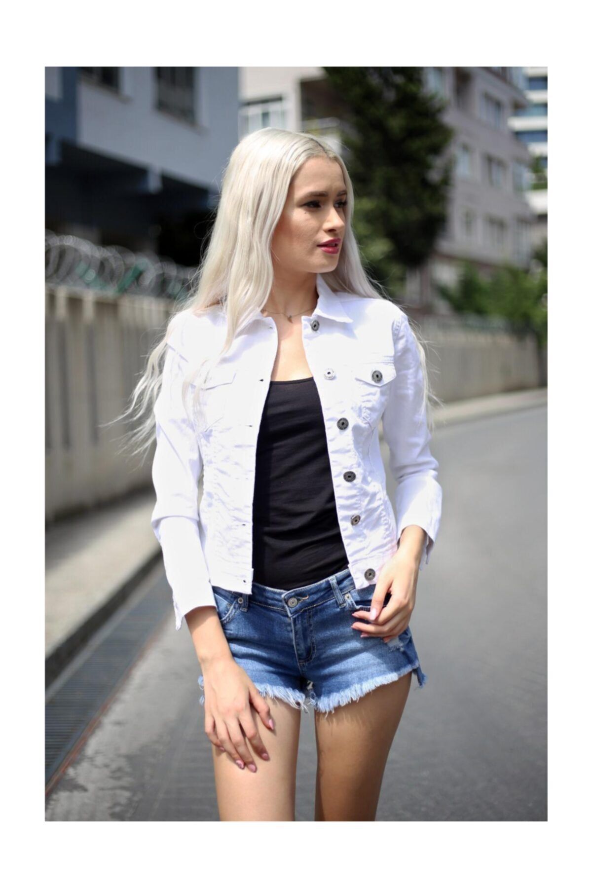 eGs Yeni Model Beyaz Bayan Kot Ceket