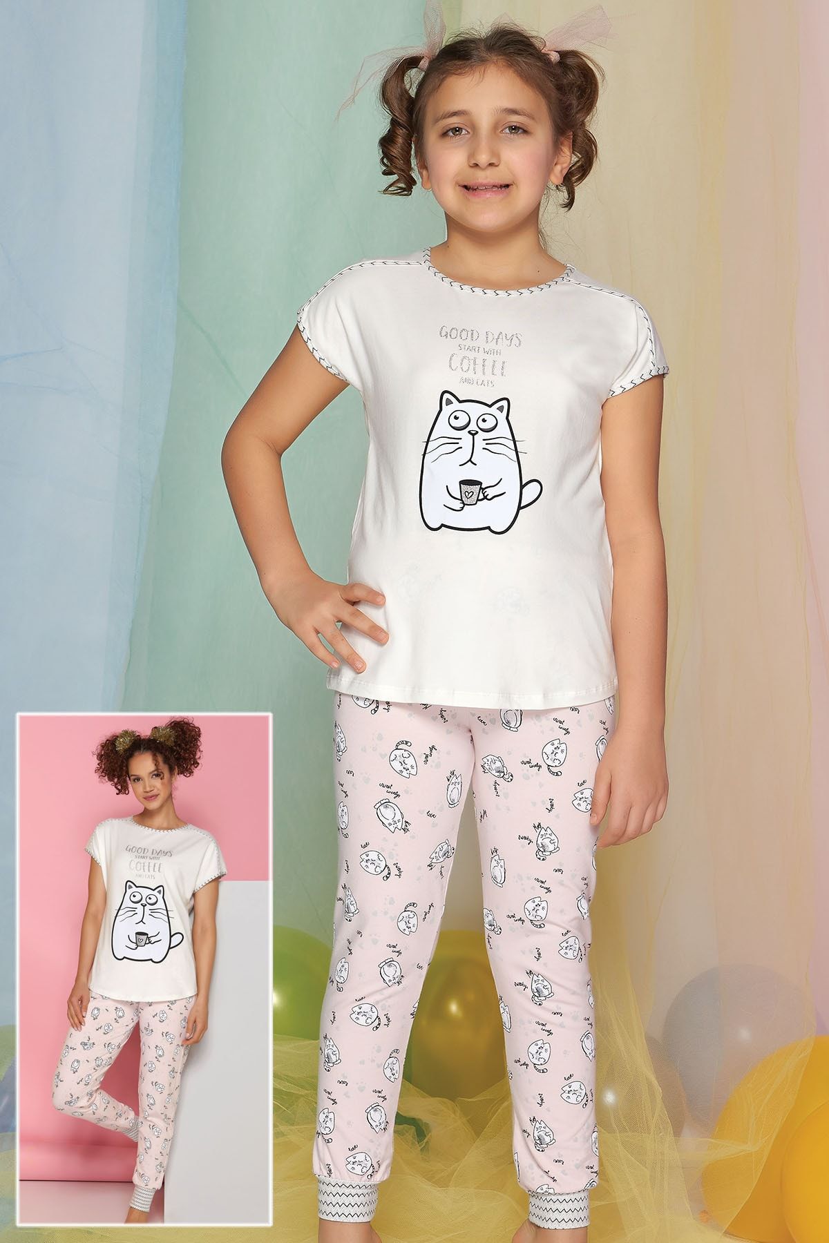 ZEYZEY Kız Çocuk Ekru Pijama Takımı Kısa Kol