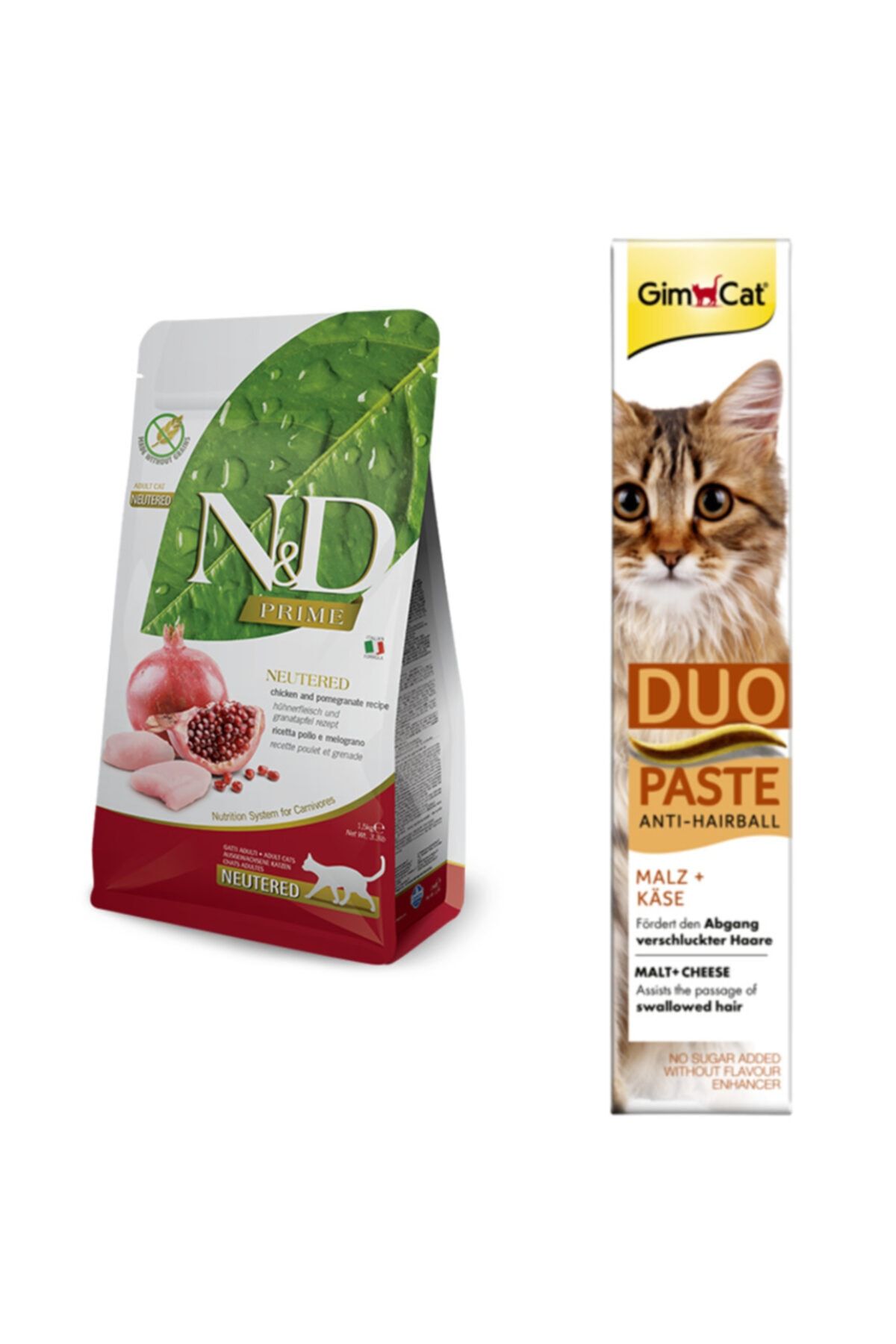 N & D Nd Tahılsız Kısırlaştırılmış Yetişkin Kedi Maması 1,5 Kg + Gimcat Peynirli Anti-hairball Malt 50gr