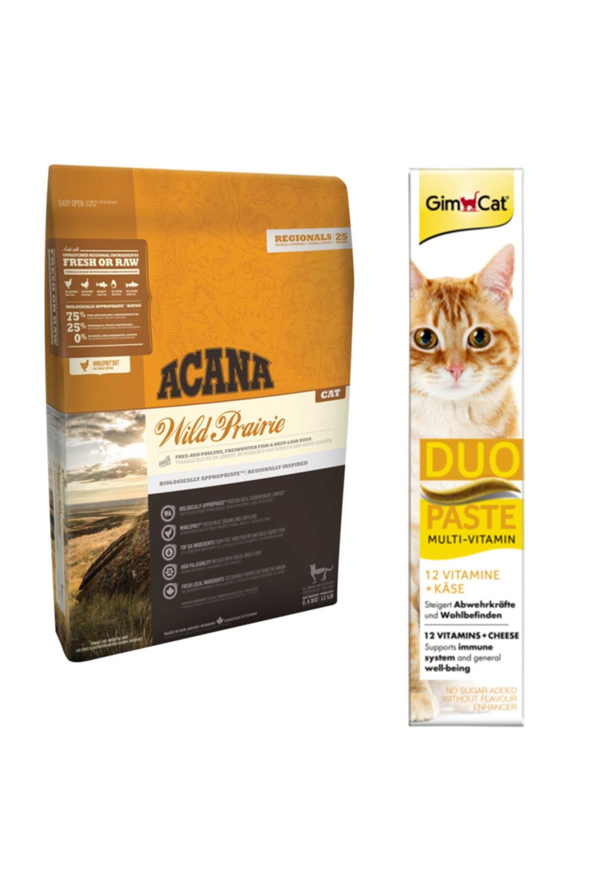 Acana Wild Prairie Kedi Maması 1,8 Kg + Gimcat Duo Paste Peynirli Multi Vitamin 50gr