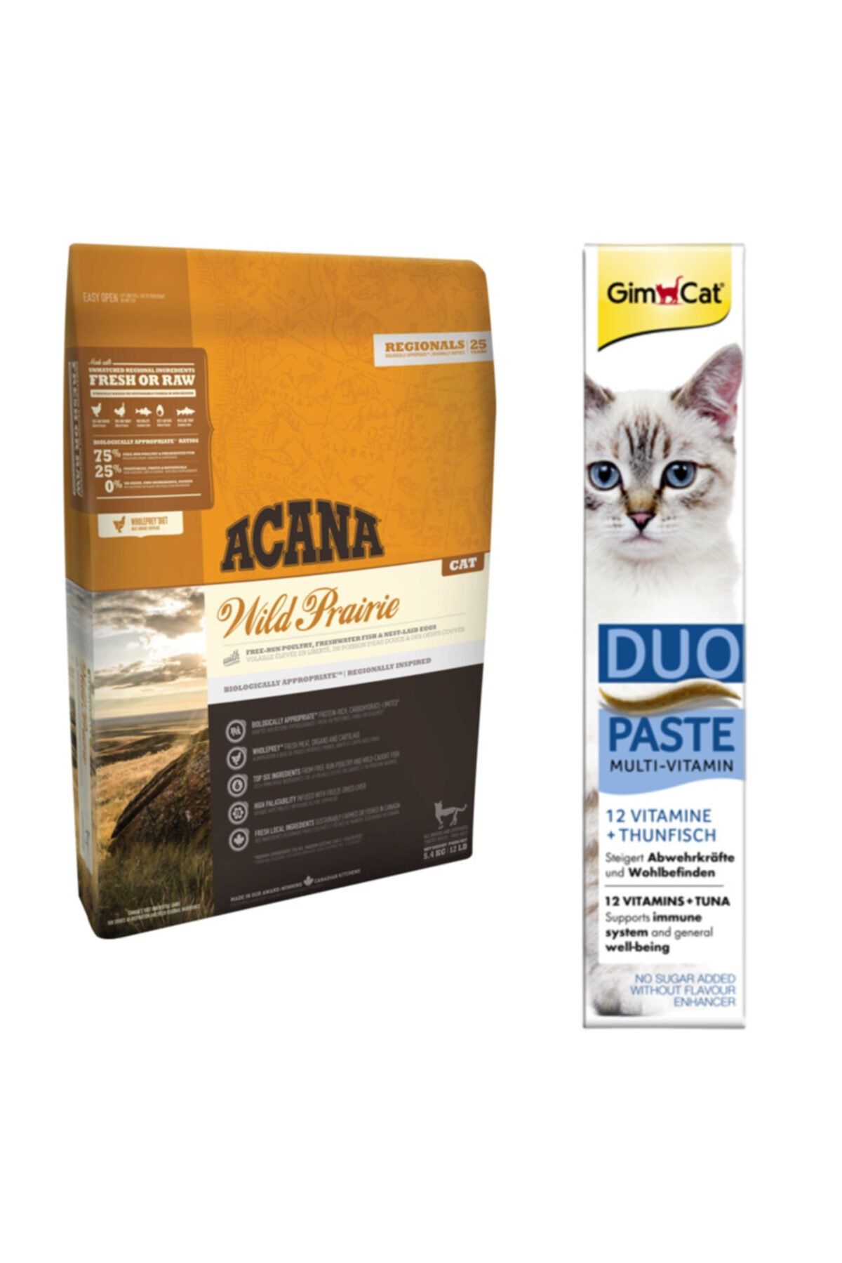 Acana Wild Prairie Kedi Maması 1,8 Kg + Gimcat Duo Paste Tuna Balıklı Multi Vitamin 50gr