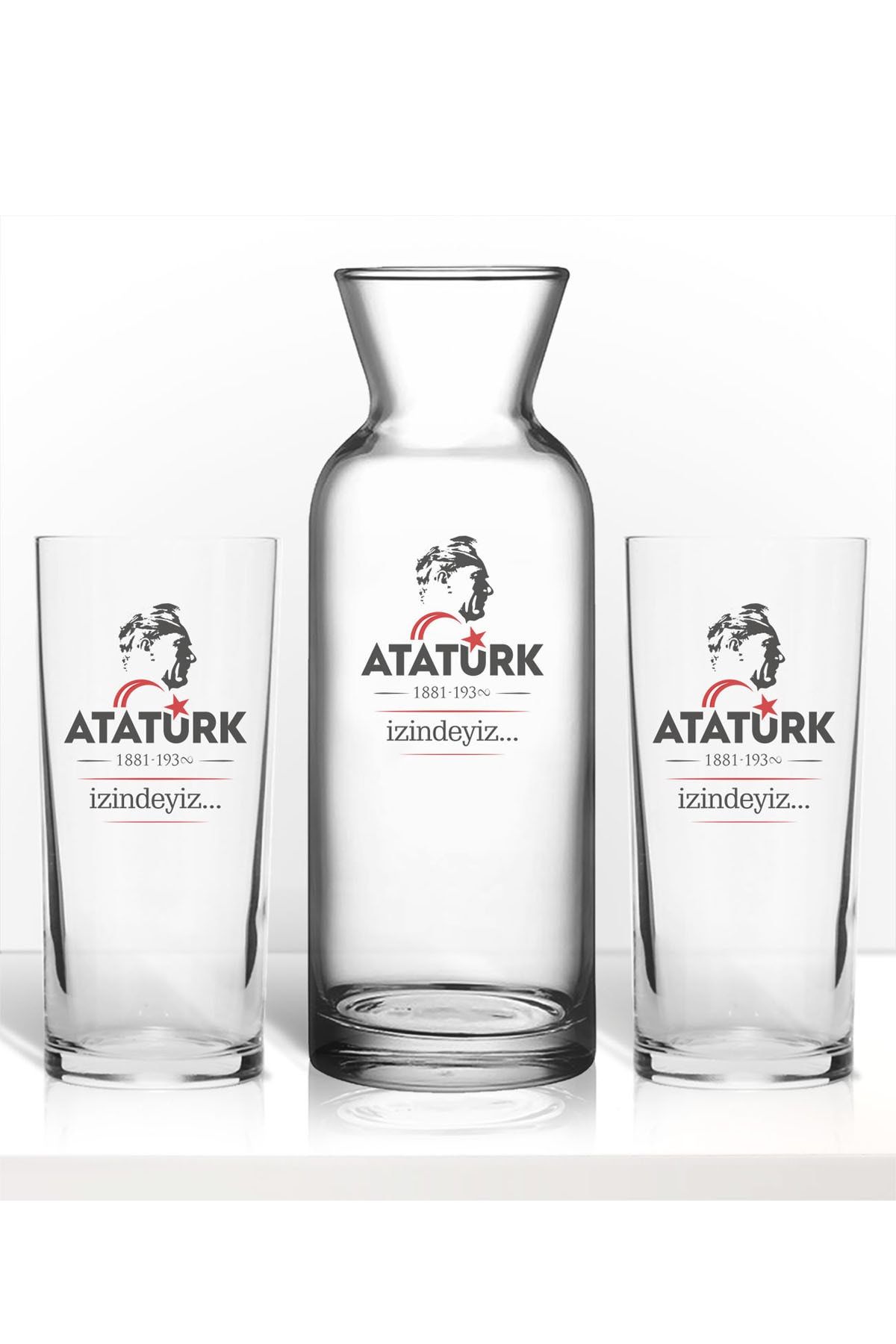 hediyecitr Atatürk Temalırenkli Baskılı Ikili Rakı Bardağı Karaf Kadeh Set