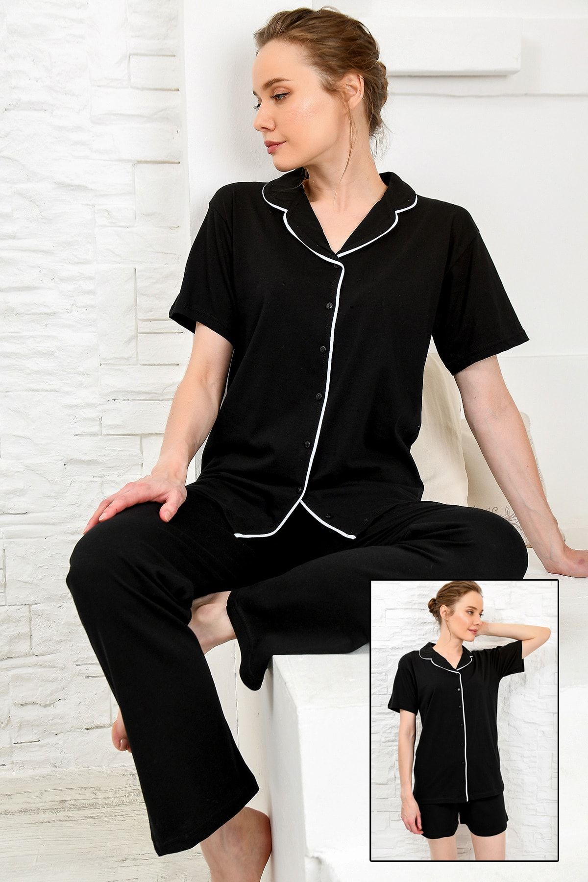 Trend Alaçatı Stili Kadın Siyah 3'Lü Pijama Takımı ALC-X4083