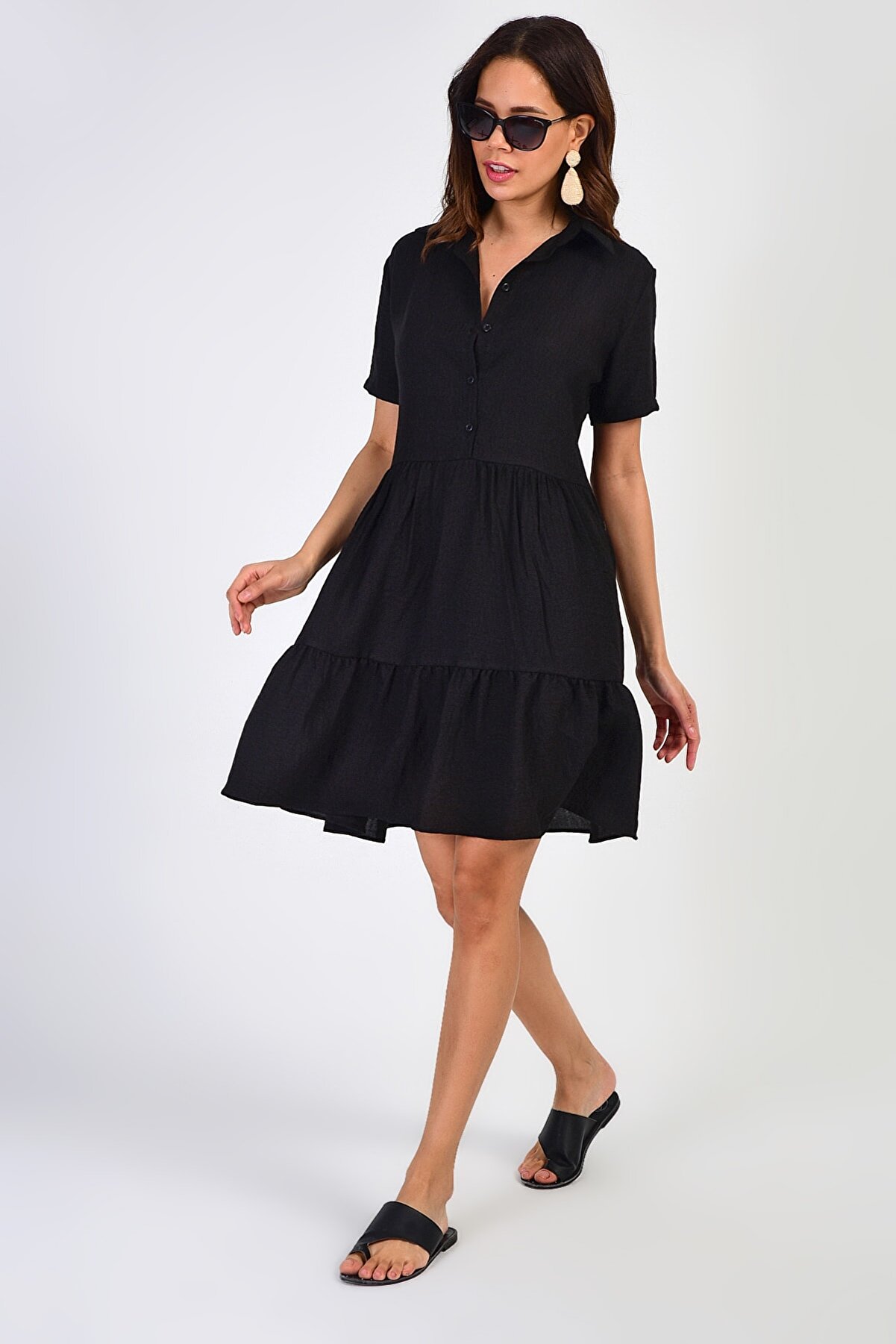 Cool & Sexy Kadın Siyah Üstü Düğmeli Gömlek Yaka Elbise Q856