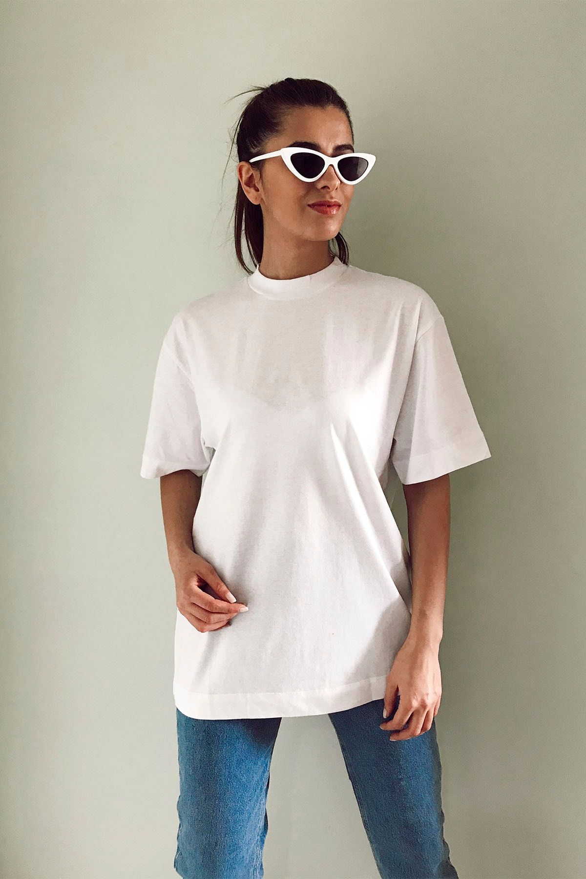 tiamoda Kadın Boyfriend Örme T-shirt Beyaz