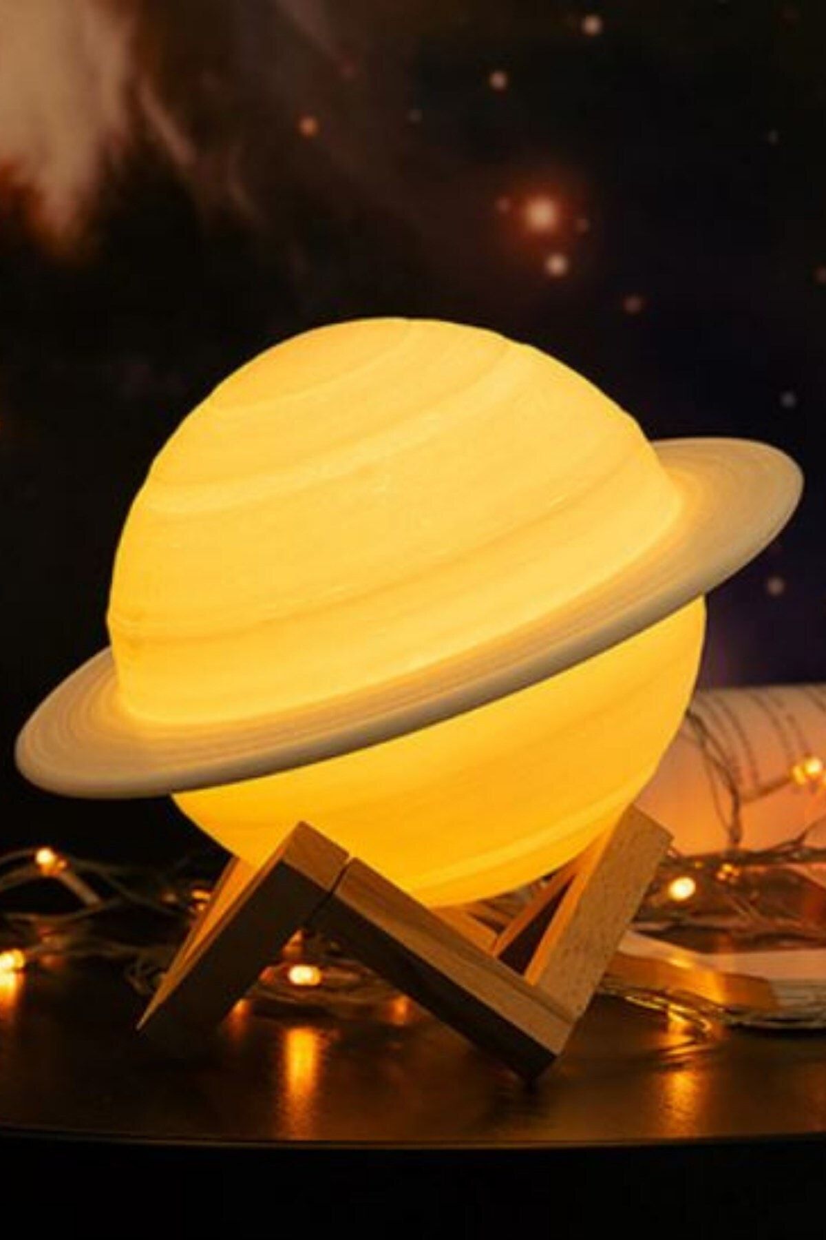 Buffer 3d Print Satürn Dokunmatik Gezegen Ahşap Stantlı 3 Renk Usb Şarjlı Gece Lambası (kumandasız)