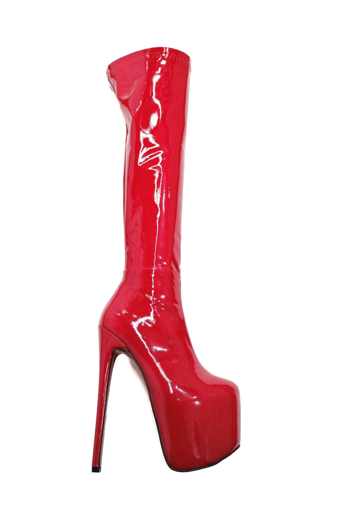 Meshure Yüksek Topuklu Kadın Diz Üstü Kırmızı Rugan Çizme