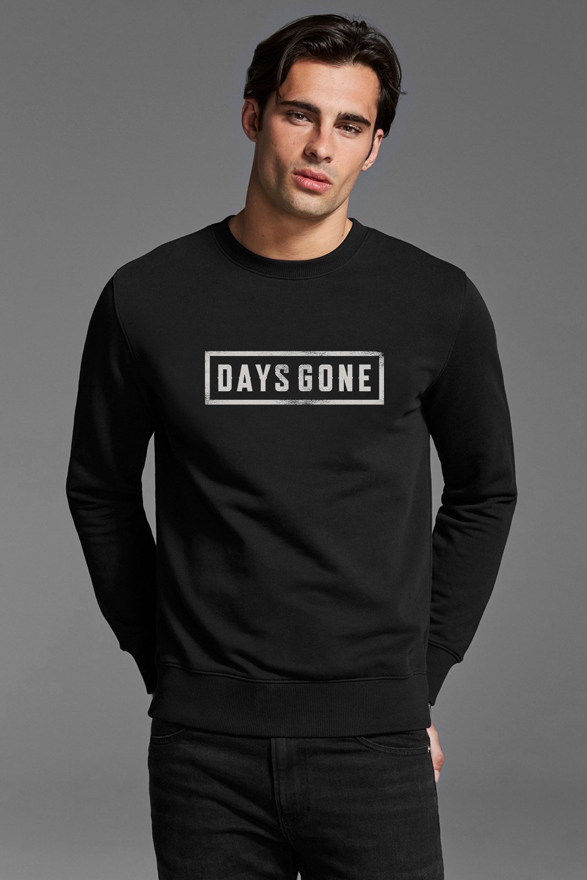 QIVI Days Gone Logo Baskılı Siyah Erkek Örme Sweatshirt Uzun Kol