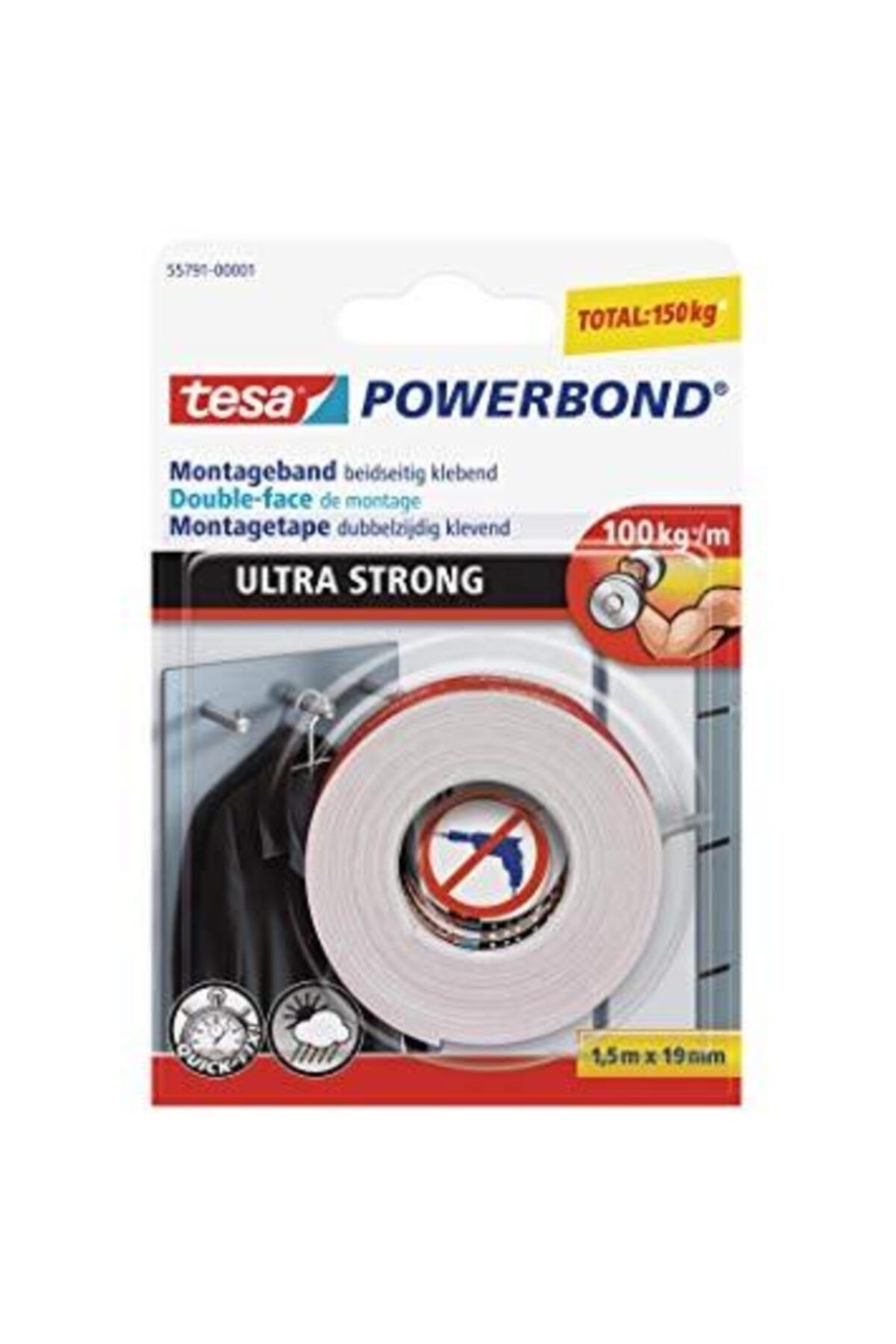 Tesa Powerbond Ultra Güçlü Çift Taraflı Montaj Bandı, 1.5mx19mm