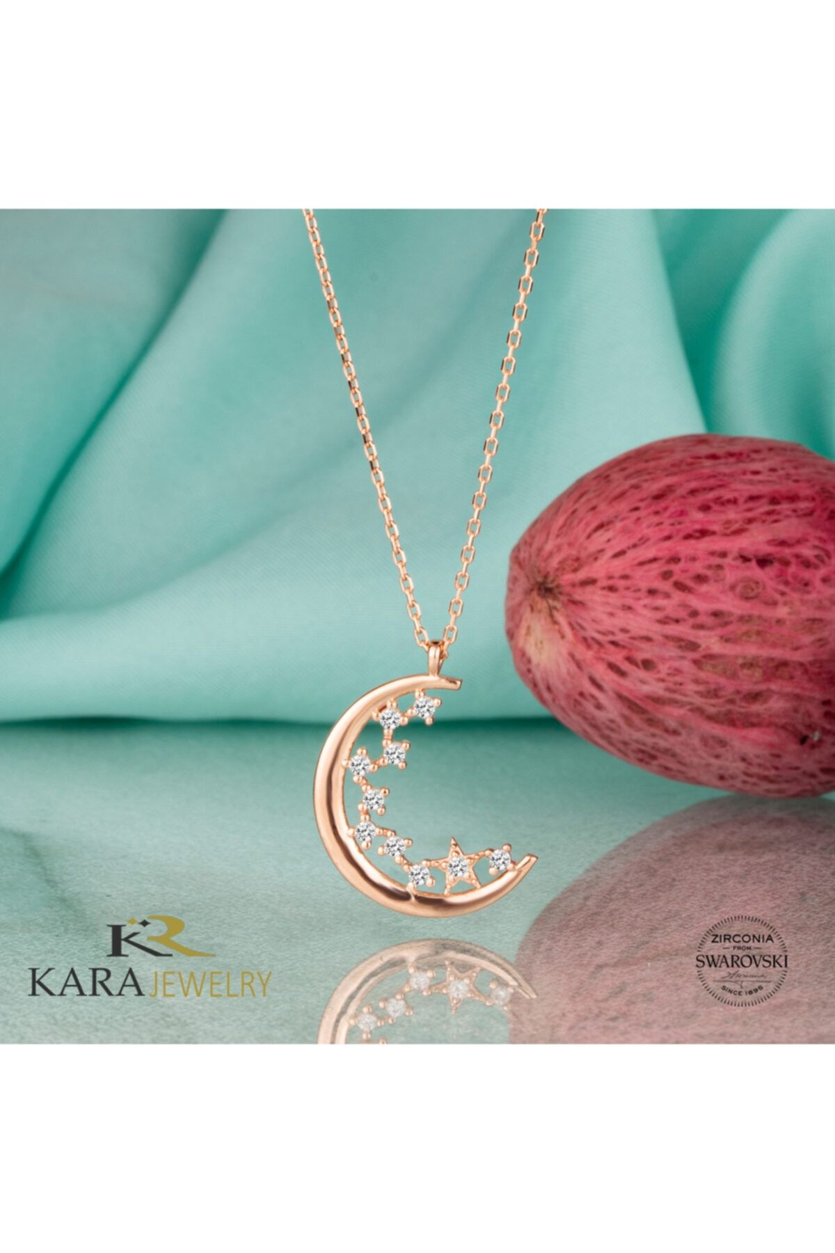 Kara Jewelry Gümüş Kolye Orijinal Swarovskı Taşlı Ay Temalı Rose Kaplama Bayan Kolye